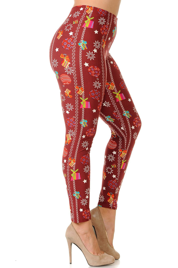 Wholesale Buttery Soft Burgundy Christmas Ornament Plus Size Leggings
