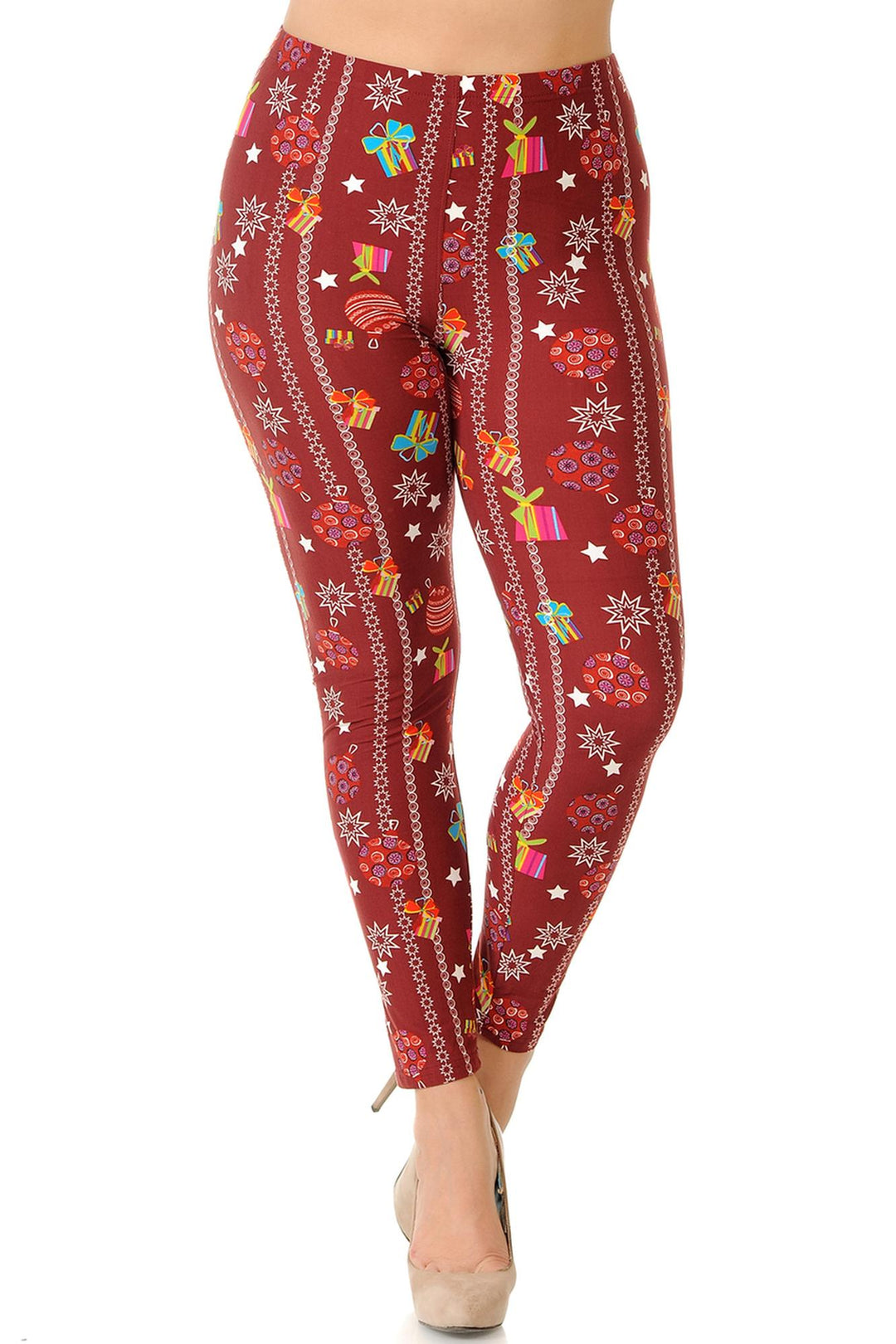 Wholesale Buttery Soft Burgundy Christmas Ornament Plus Size Leggings