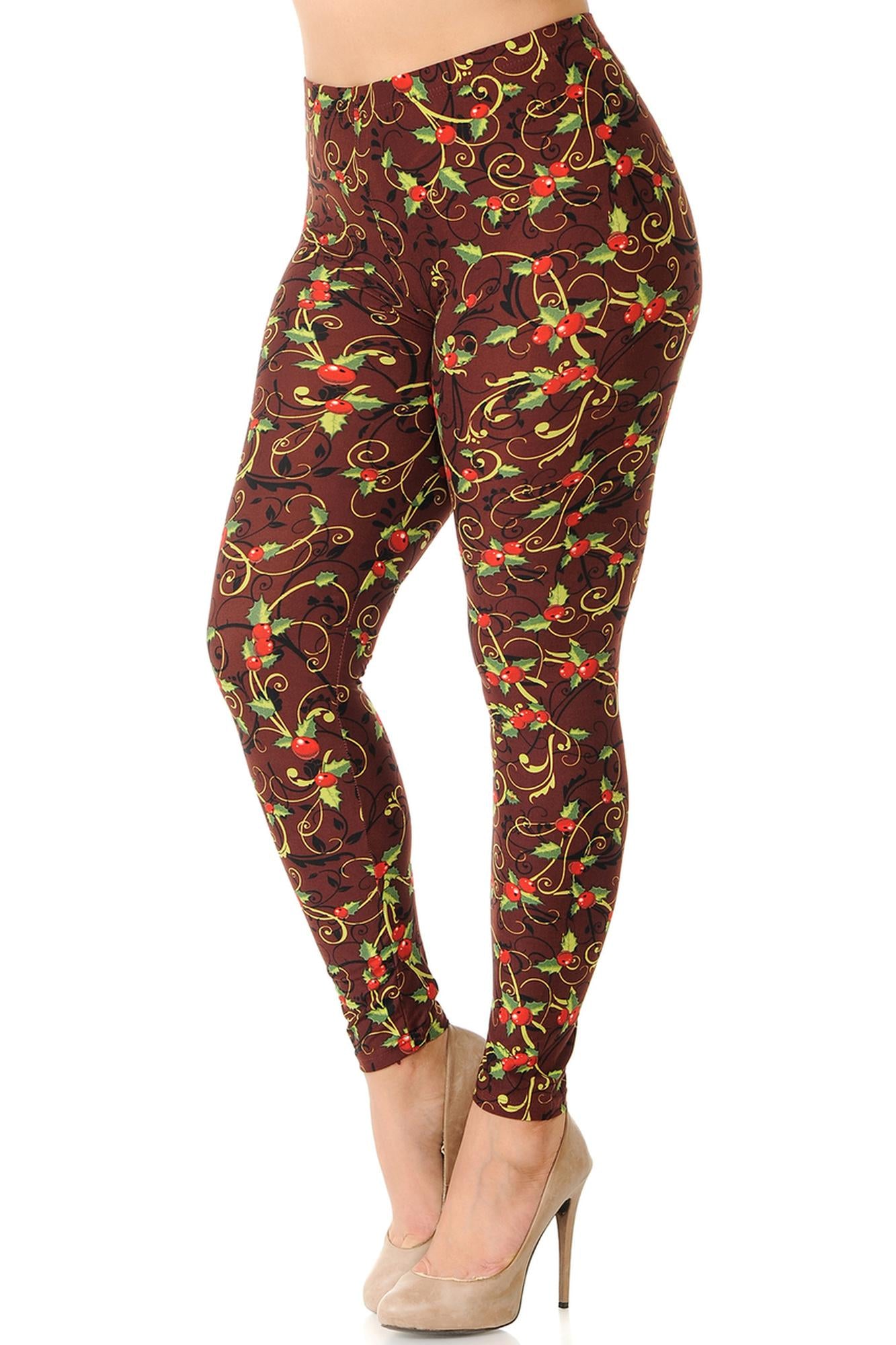 Wholesale Buttery Soft Christmas Holly Plus Size Leggings