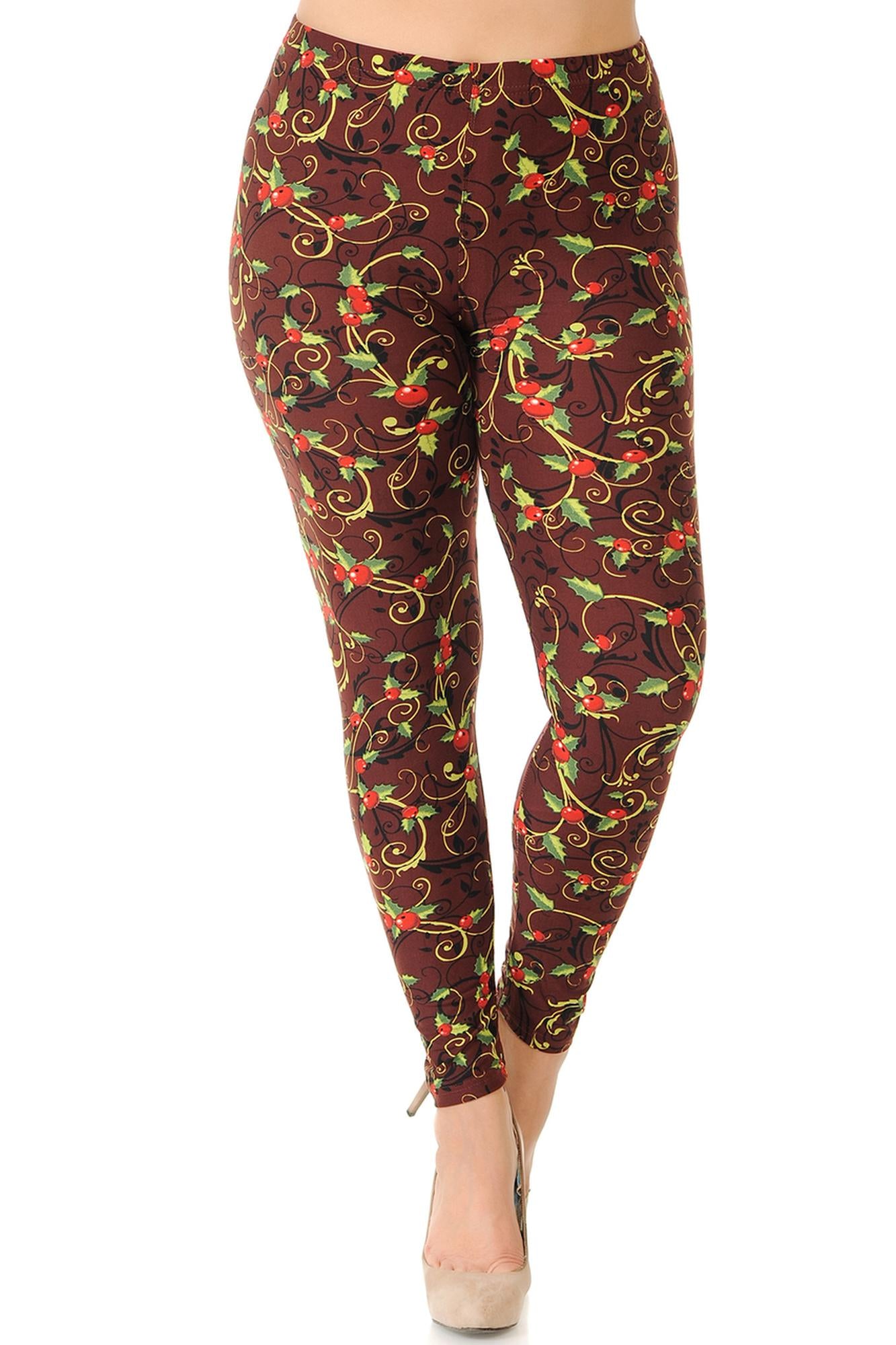 Wholesale Buttery Soft Christmas Holly Plus Size Leggings