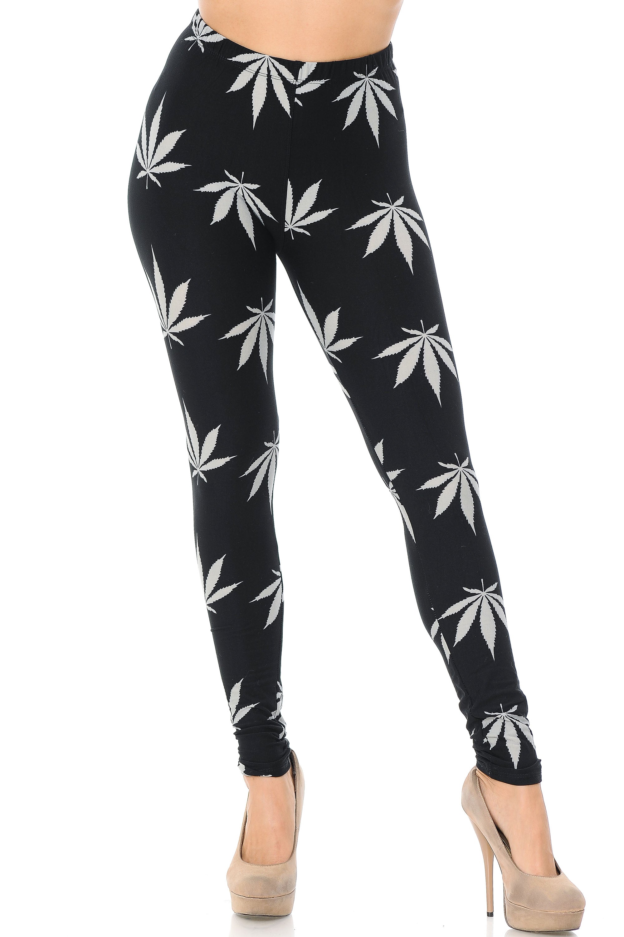 Wholesale Buttery Smooth Black Marijuana Plus Size Leggings