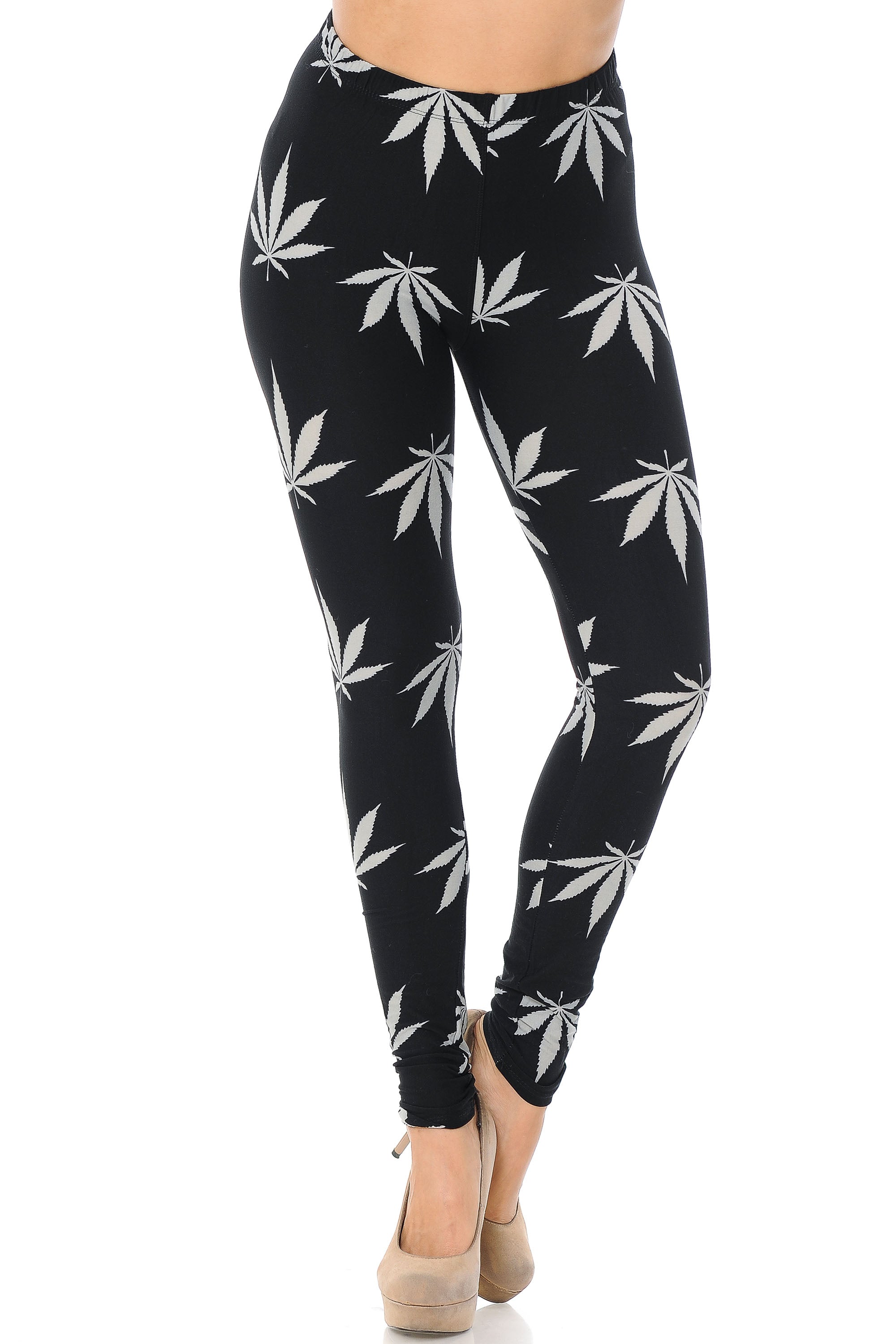 Wholesale Buttery Smooth Black Marijuana Plus Size Leggings
