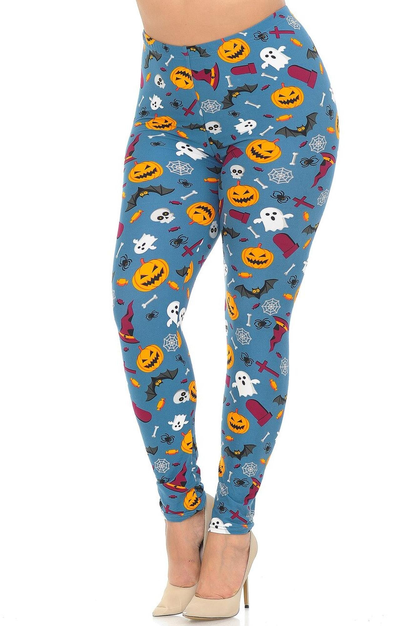 Wholesale Buttery Smooth Steel Blue Halloween Motif Plus Size Leggings