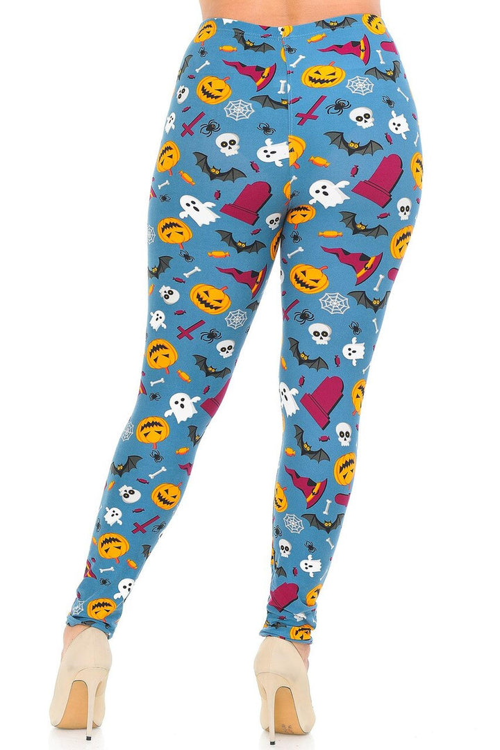Wholesale Buttery Smooth Steel Blue Halloween Motif Plus Size Leggings