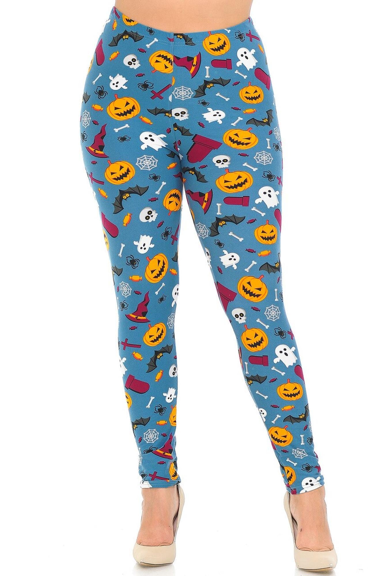 Wholesale Buttery Smooth Steel Blue Halloween Motif Plus Size Leggings