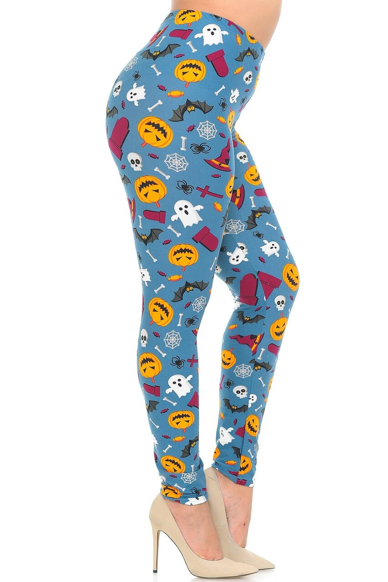 Wholesale Buttery Smooth Steel Blue Halloween Motif Plus Size Leggings
