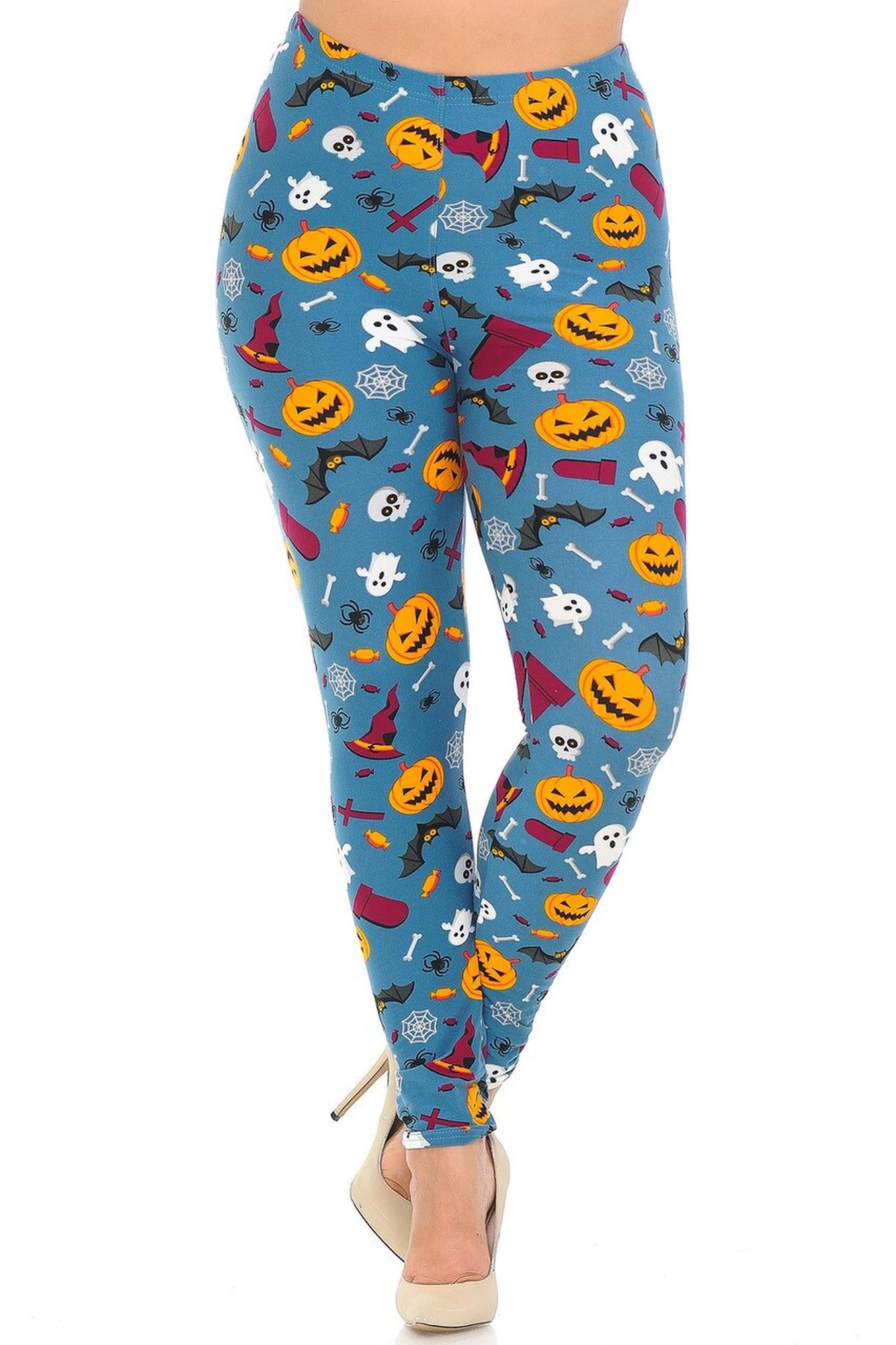 Wholesale Buttery Smooth Steel Blue Halloween Motif Plus Size Leggings