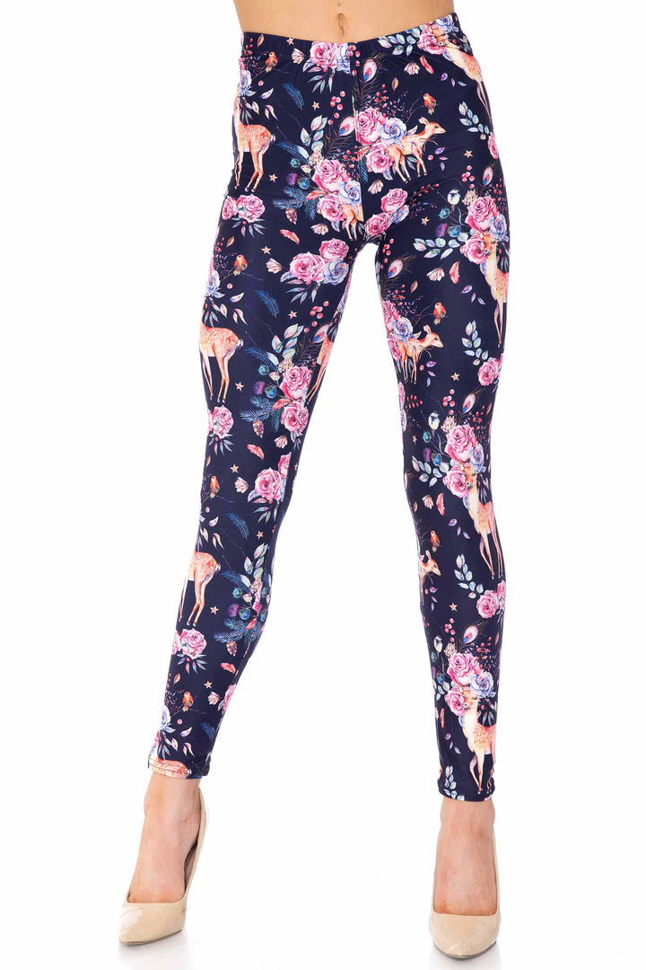 Wholesale Creamy Soft Woodland Floral Fawn Plus Size Leggings - USA Fashion