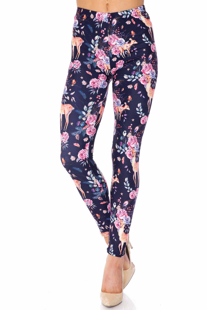 Wholesale Creamy Soft Woodland Floral Fawn Plus Size Leggings - USA Fashion