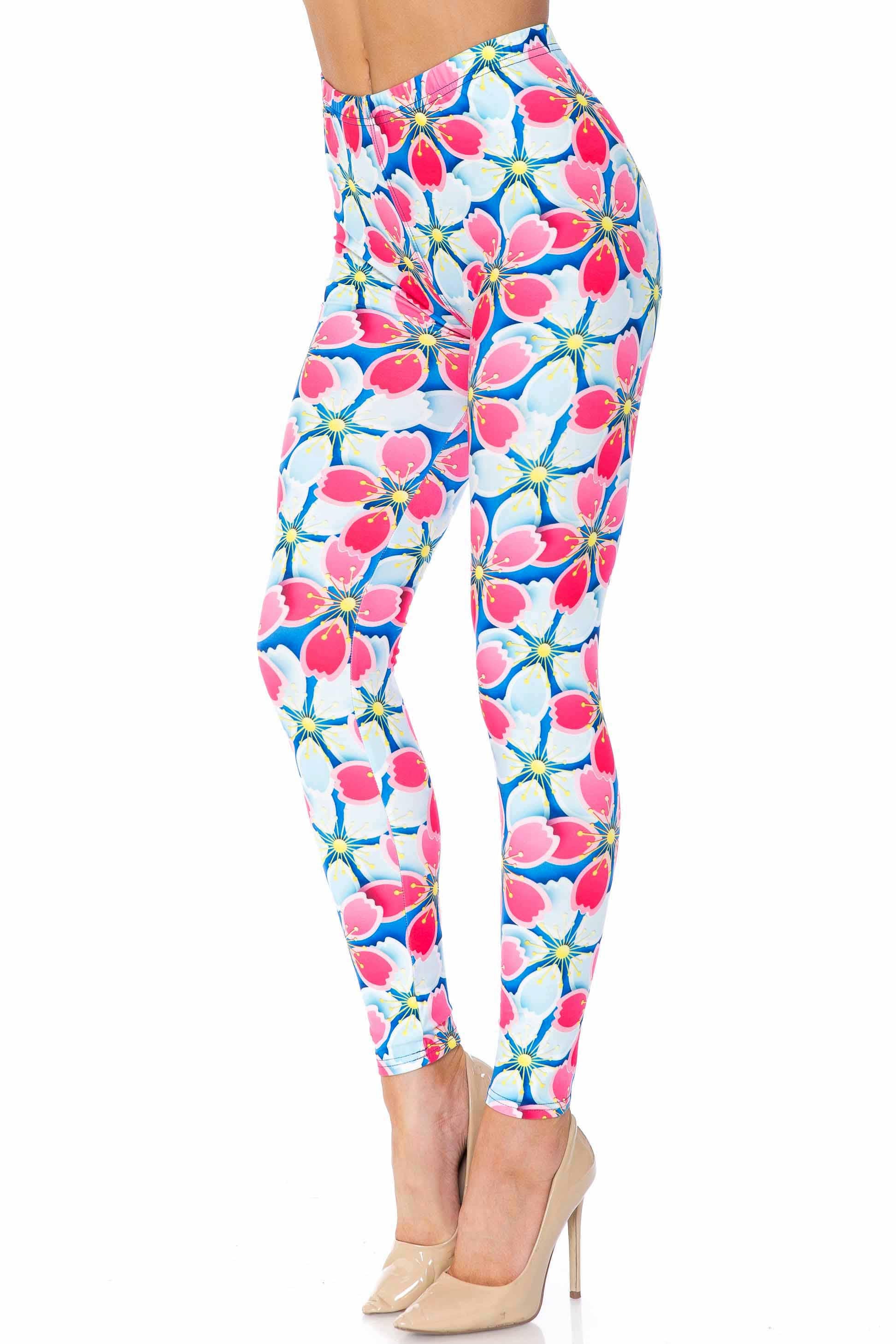Wholesale Creamy Soft Pink and Blue Sunshine Floral Plus Size Leggings - USA Fashion