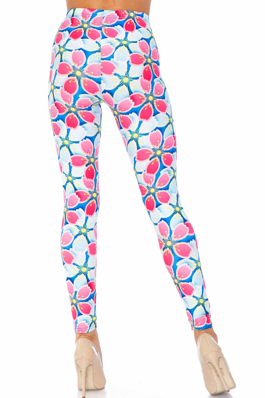 Wholesale Creamy Soft Pink and Blue Sunshine Floral Plus Size Leggings - USA Fashion