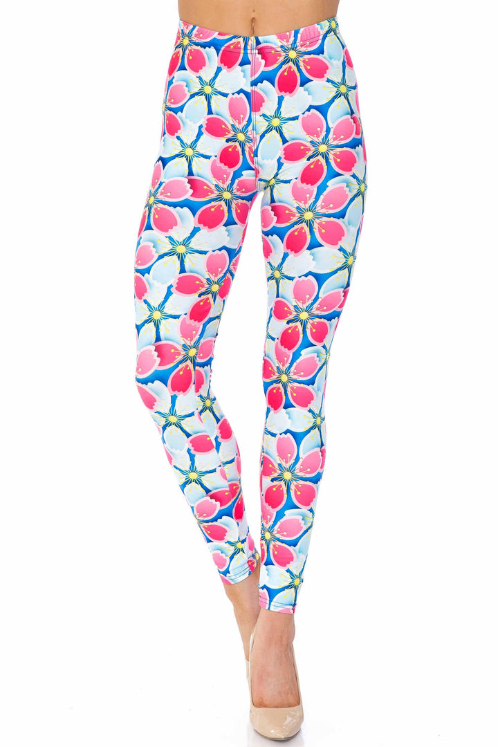 Wholesale Creamy Soft Pink and Blue Sunshine Floral Plus Size Leggings - USA Fashion