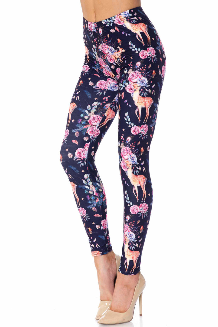 Wholesale Creamy Soft Woodland Floral Fawn Plus Size Leggings - USA Fashion