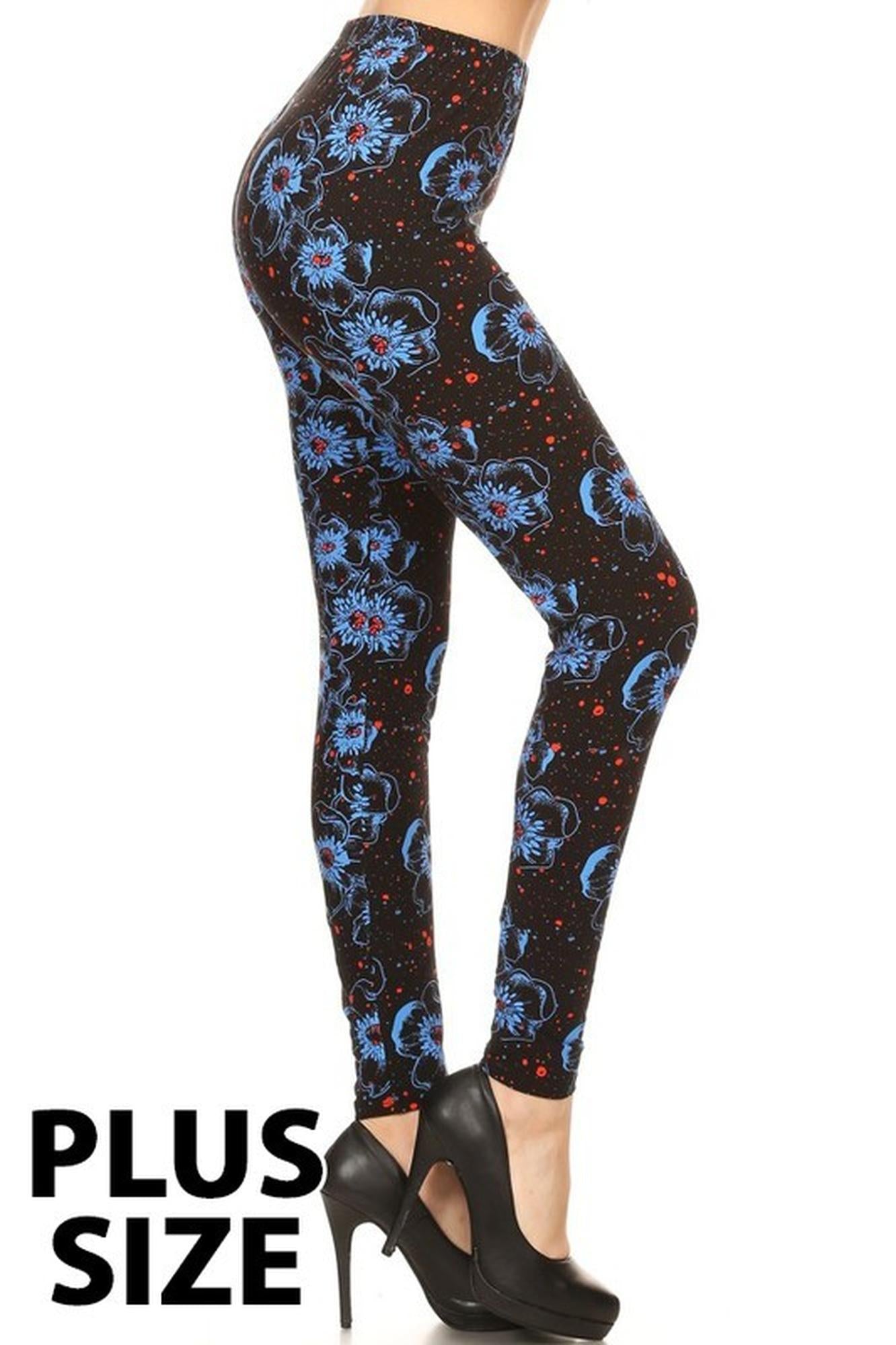 Wholesale Buttery Smooth Blue Evening Bloom Floral Plus Size Leggings