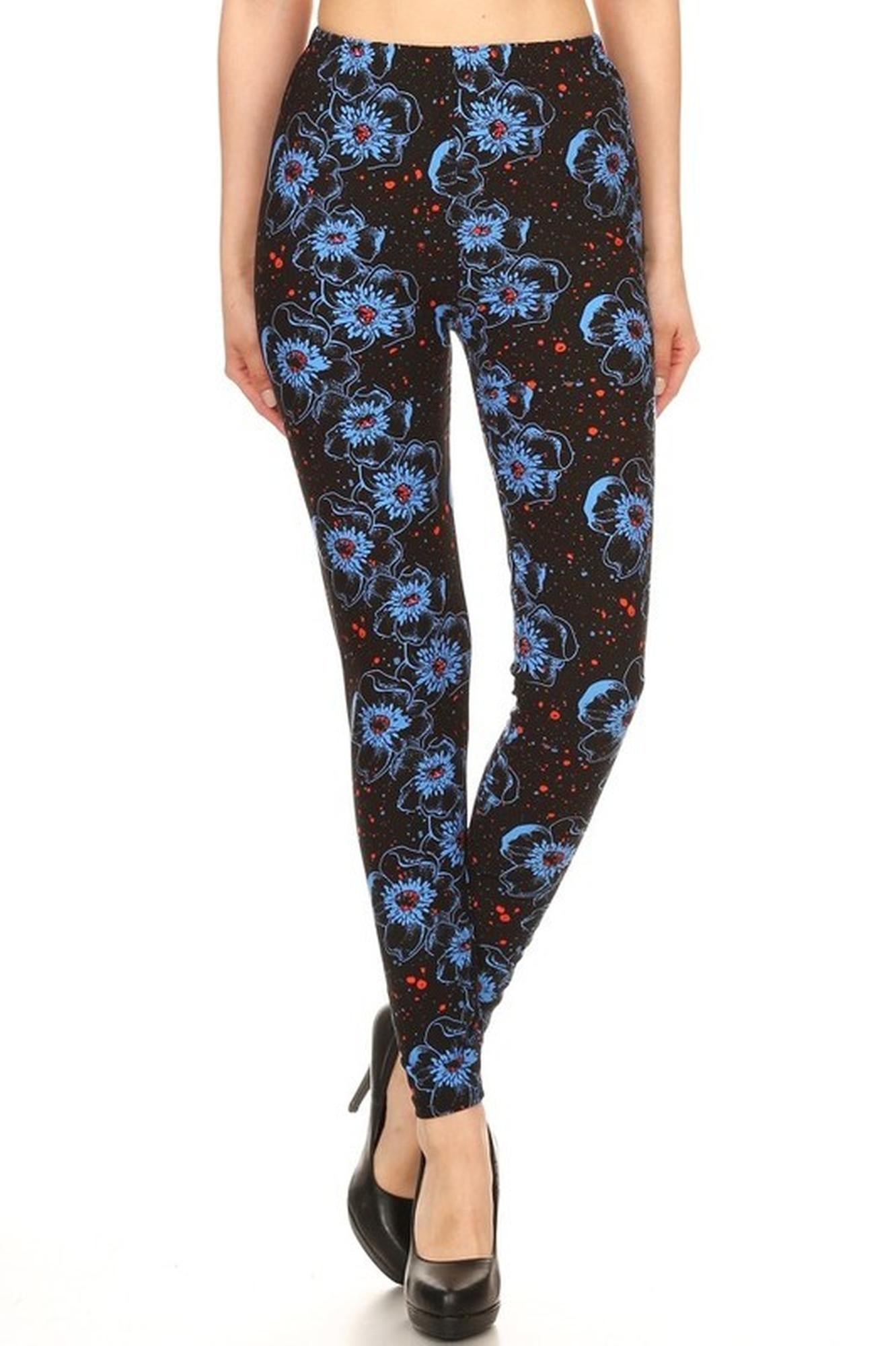 Wholesale Buttery Smooth Blue Evening Bloom Floral Plus Size Leggings
