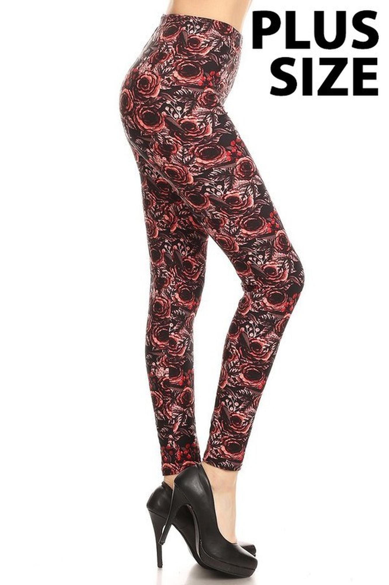 Wholesale Buttery Smooth Red Rose Floral Plus Size Leggings