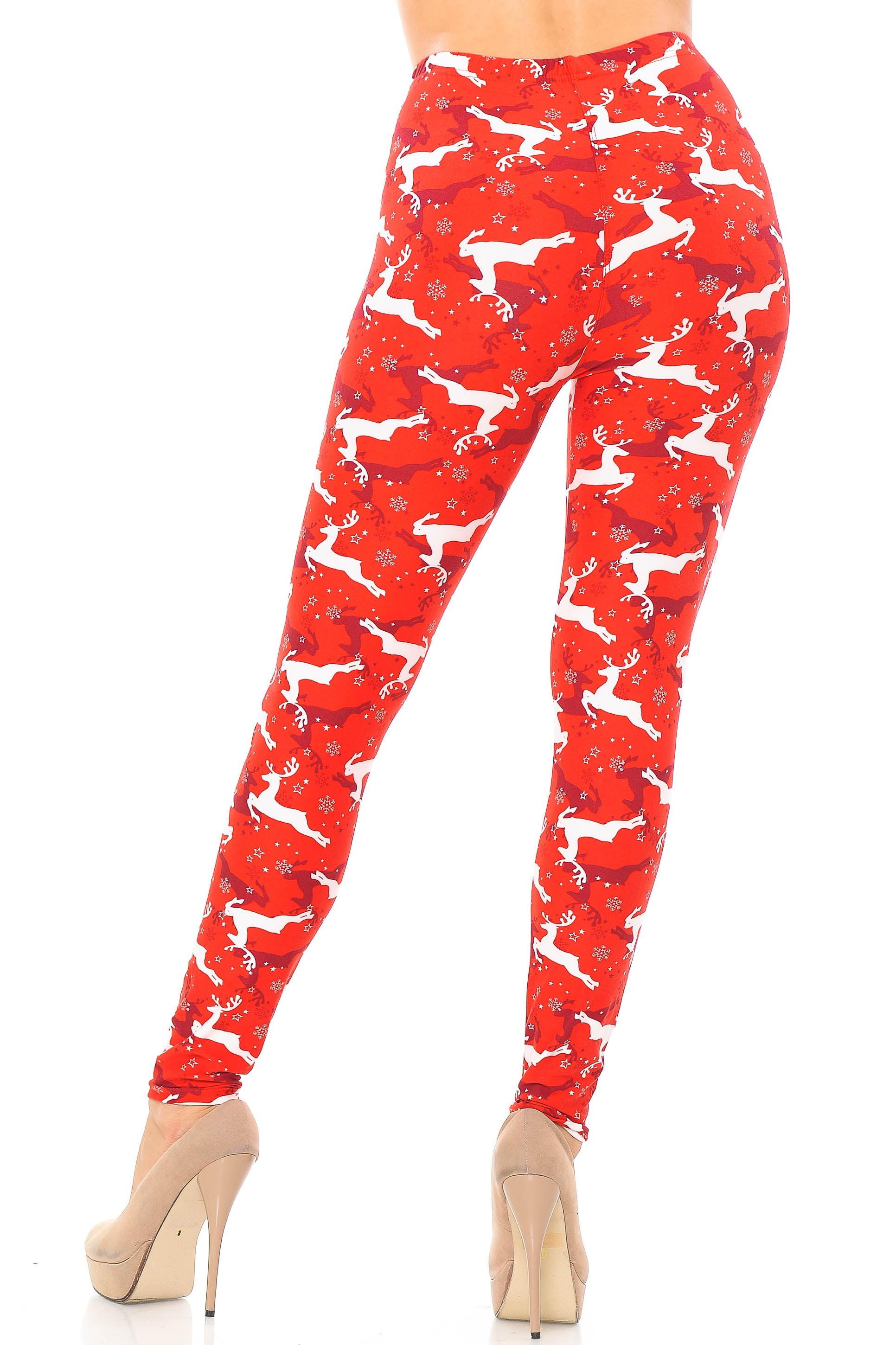 Wholesale Buttery Smooth Ruby Red Leaping Reindeer Christmas Plus Size Leggings