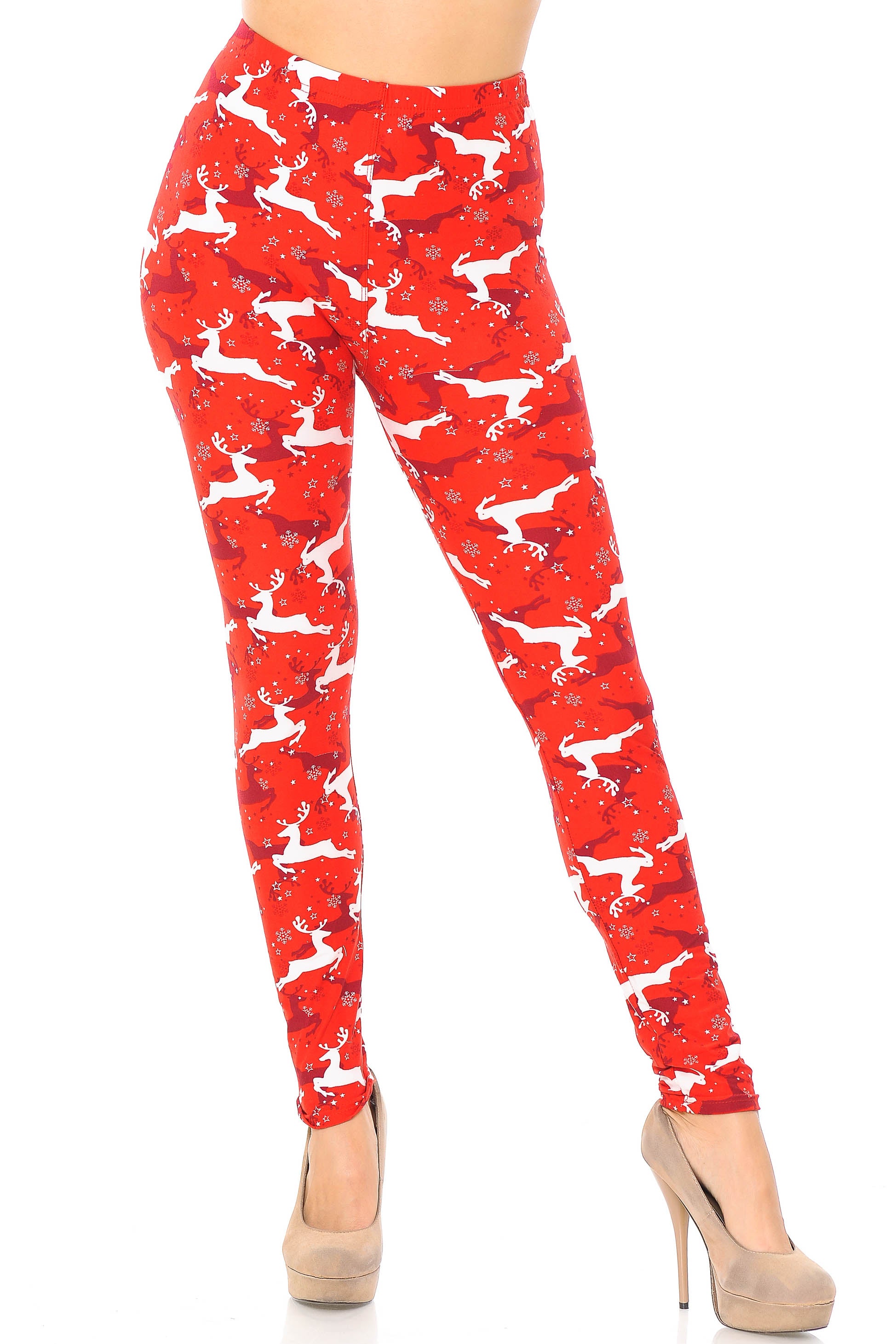 Wholesale Buttery Smooth Ruby Red Leaping Reindeer Christmas Plus Size Leggings