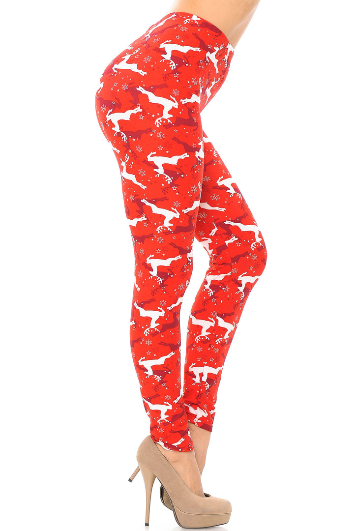 Wholesale Buttery Smooth Ruby Red Leaping Reindeer Christmas Plus Size Leggings