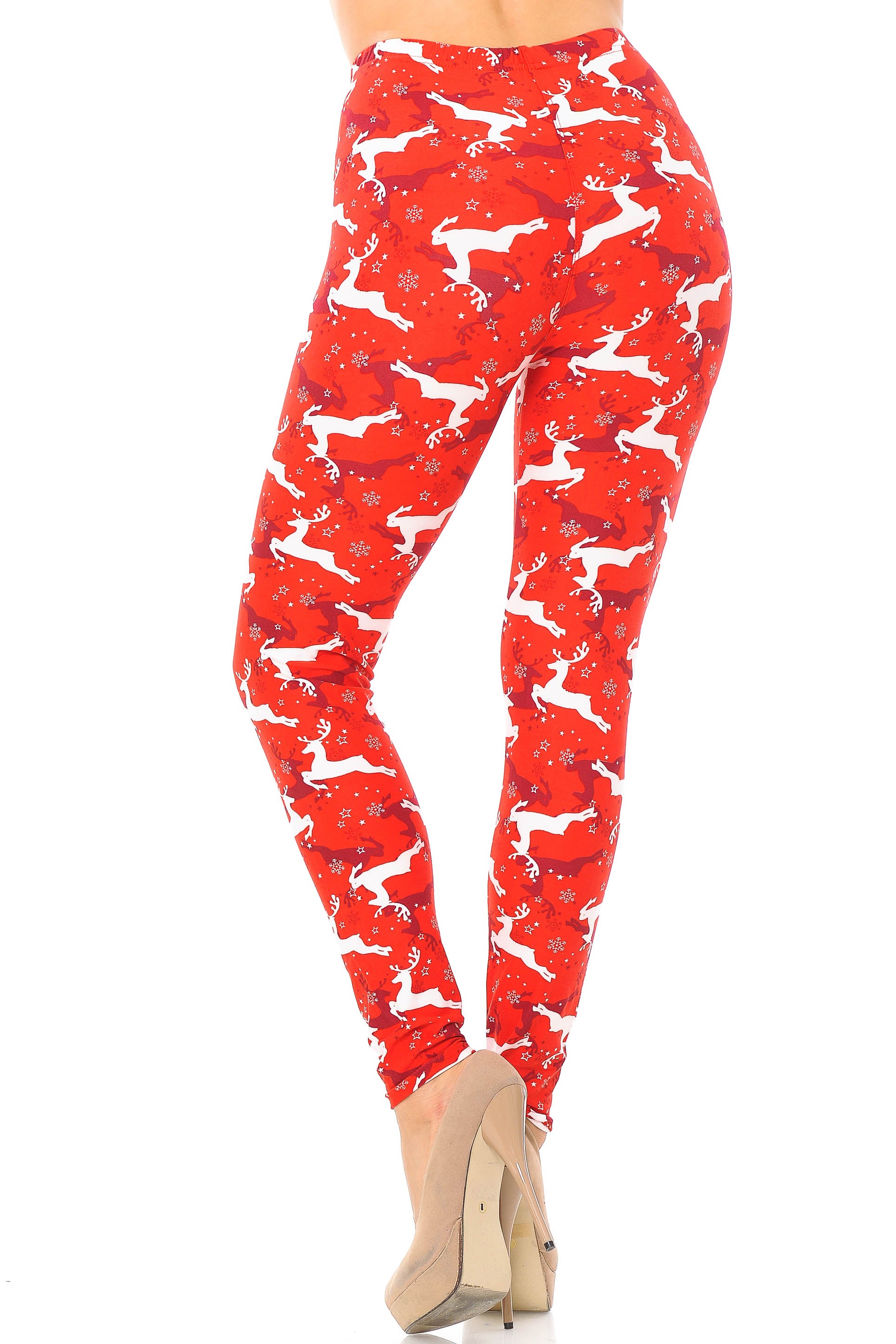 Wholesale Buttery Smooth Ruby Red Leaping Reindeer Christmas Plus Size Leggings