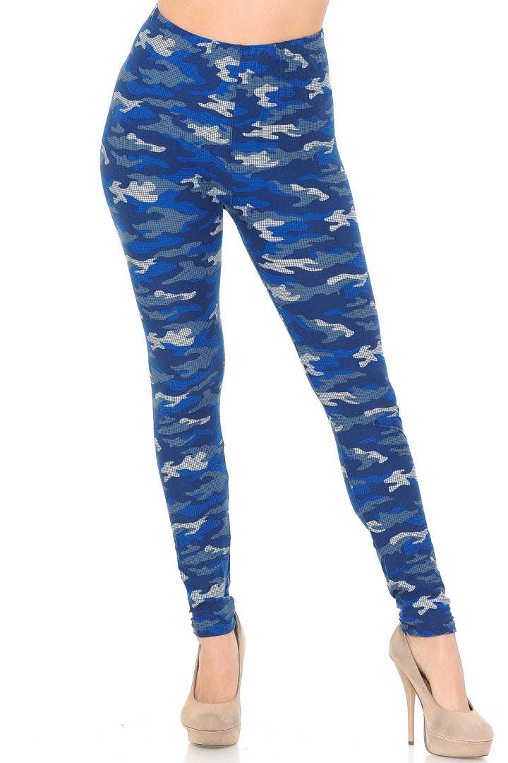 Wholesale Buttery Smooth Blue Grid Camouflage Plus Size Leggings