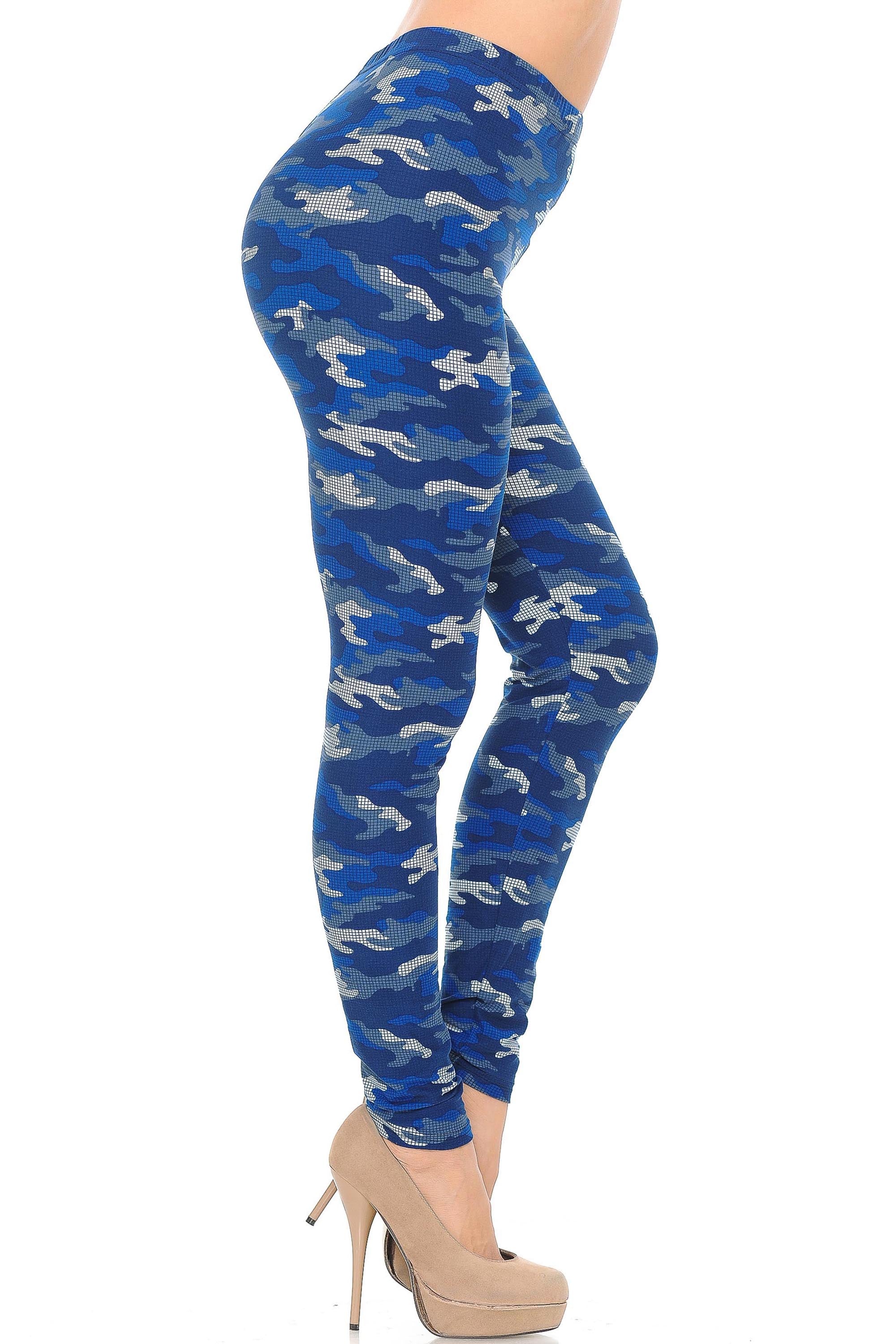 Wholesale Buttery Smooth Blue Grid Camouflage Plus Size Leggings