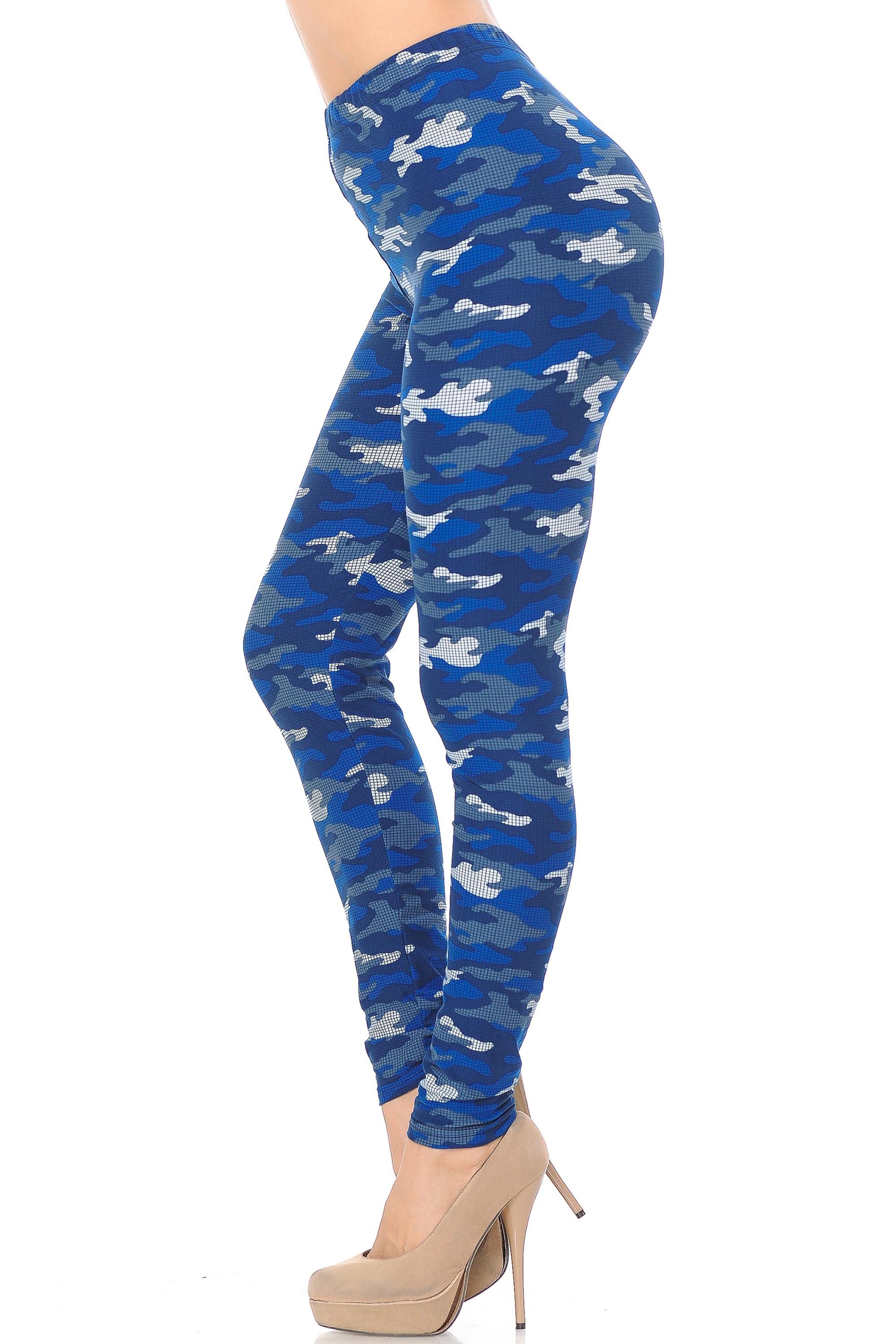 Wholesale Buttery Smooth Blue Grid Camouflage Plus Size Leggings
