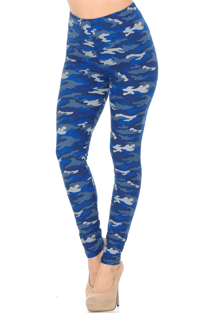 Wholesale Buttery Smooth Blue Grid Camouflage Plus Size Leggings