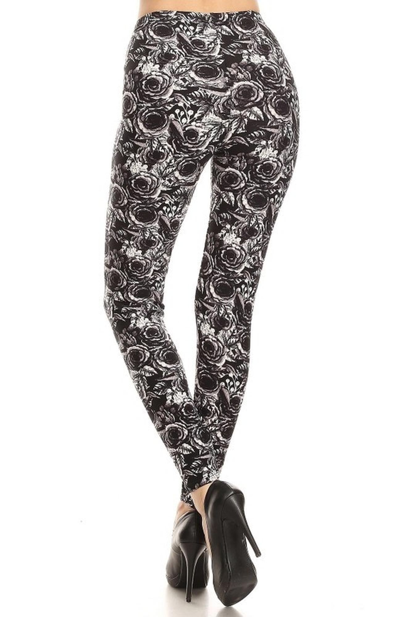 Wholesale Buttery Smooth Black and White Rose Floral Plus Size Leggings