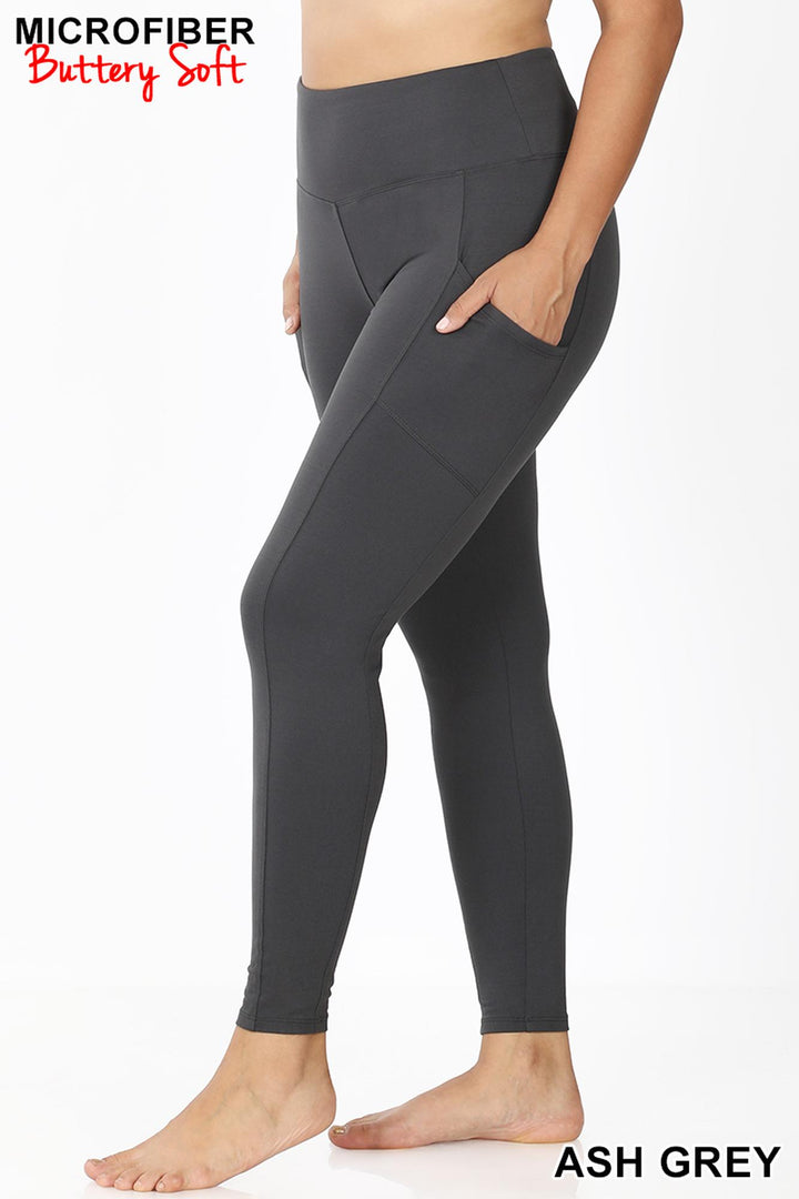 Wholesale Brushed Microfiber High Waisted Plus Size Sport Leggings with Side Pockets