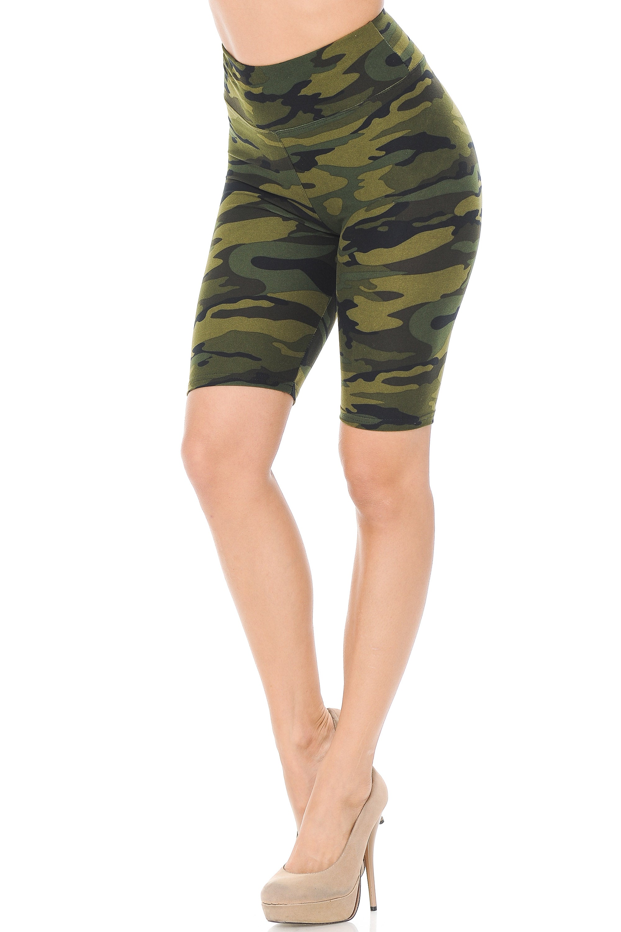 Wholesale Buttery Smooth Green Camouflage Plus Size Biker Shorts - 3 Inch Waist Band