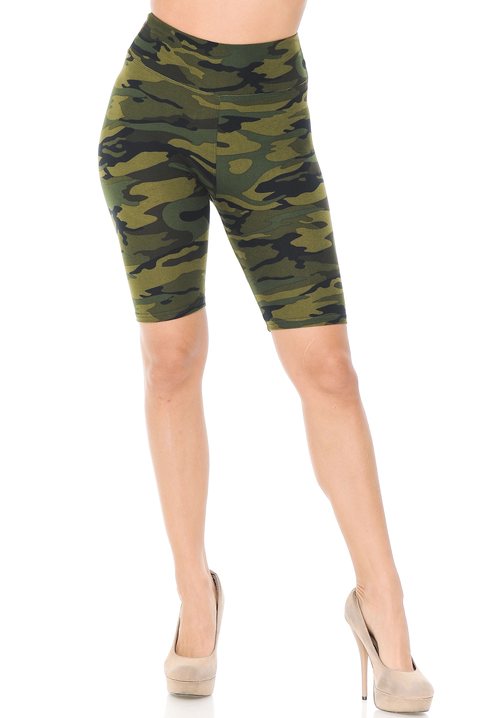 Wholesale Buttery Smooth Green Camouflage Plus Size Biker Shorts - 3 Inch Waist Band