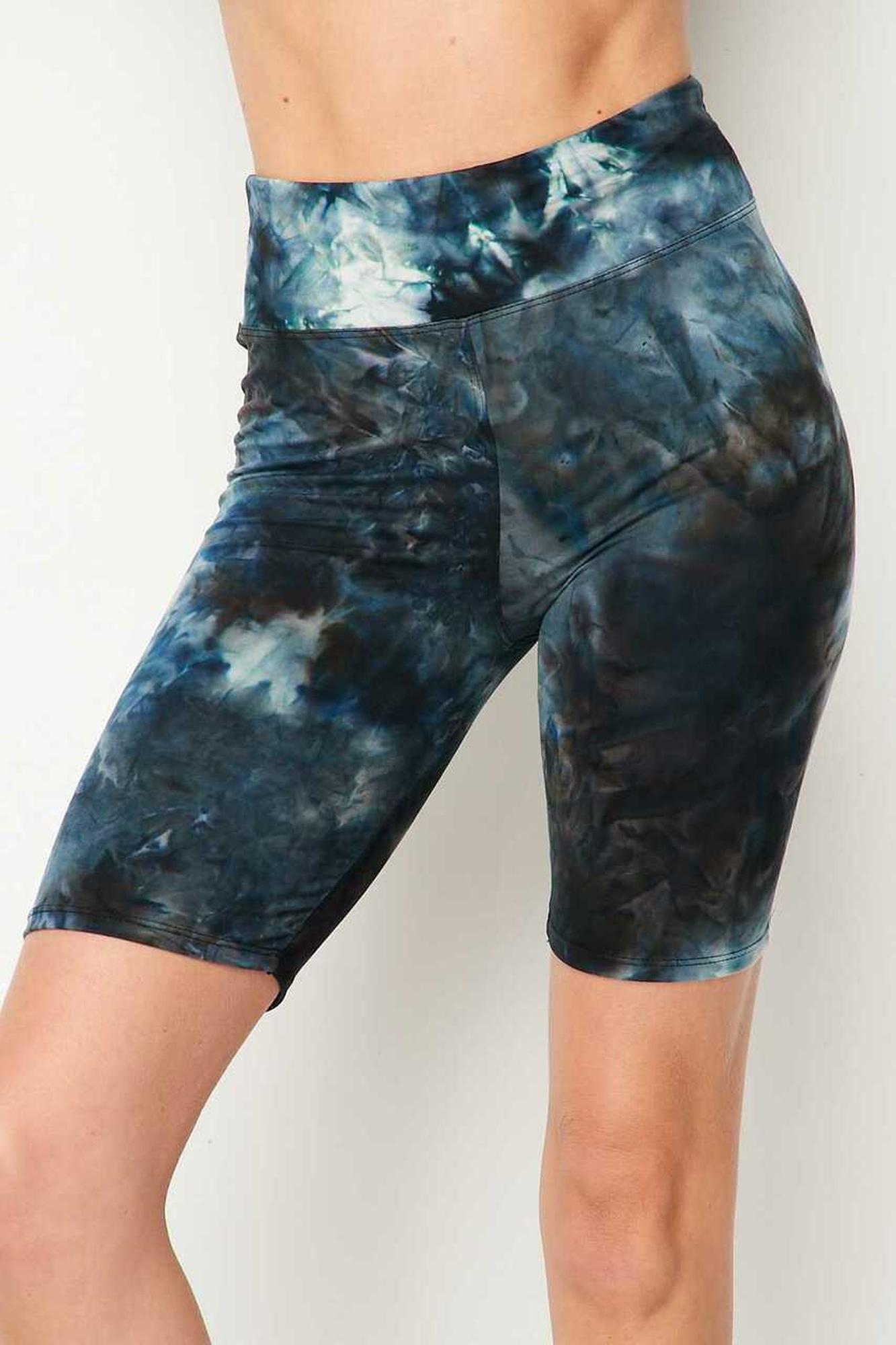 Wholesale Buttery Smooth Steel Blue Tie Dye High Waisted Plus Size Biker Shorts - 3 Inch Waist