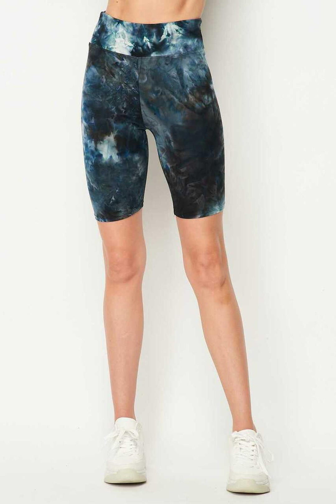 Wholesale Buttery Smooth Steel Blue Tie Dye High Waisted Plus Size Biker Shorts - 3 Inch Waist