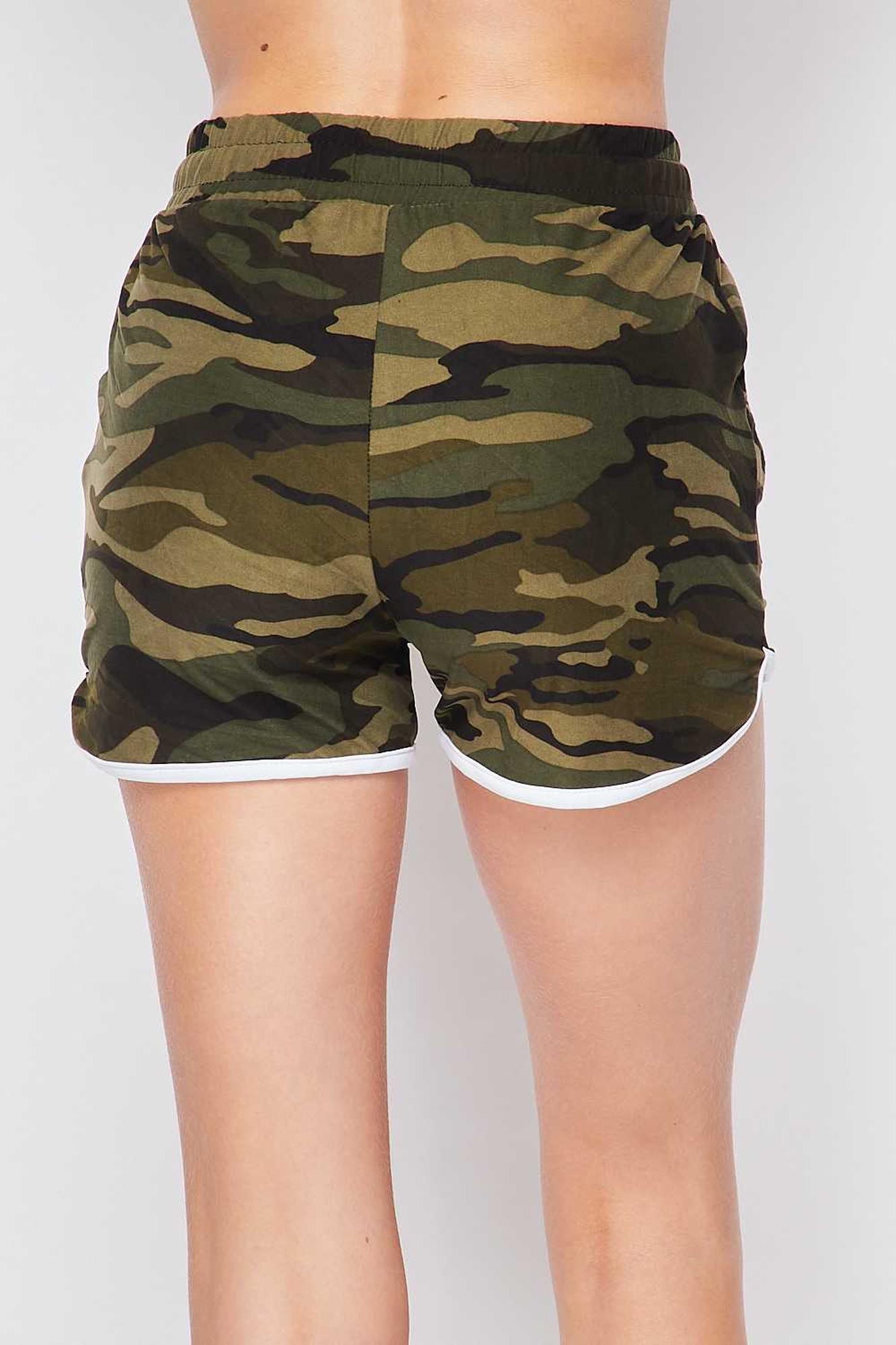 Wholesale Buttery Smooth Green Camouflage Drawstring Waist Plus Size Dolphin Shorts with Pockets