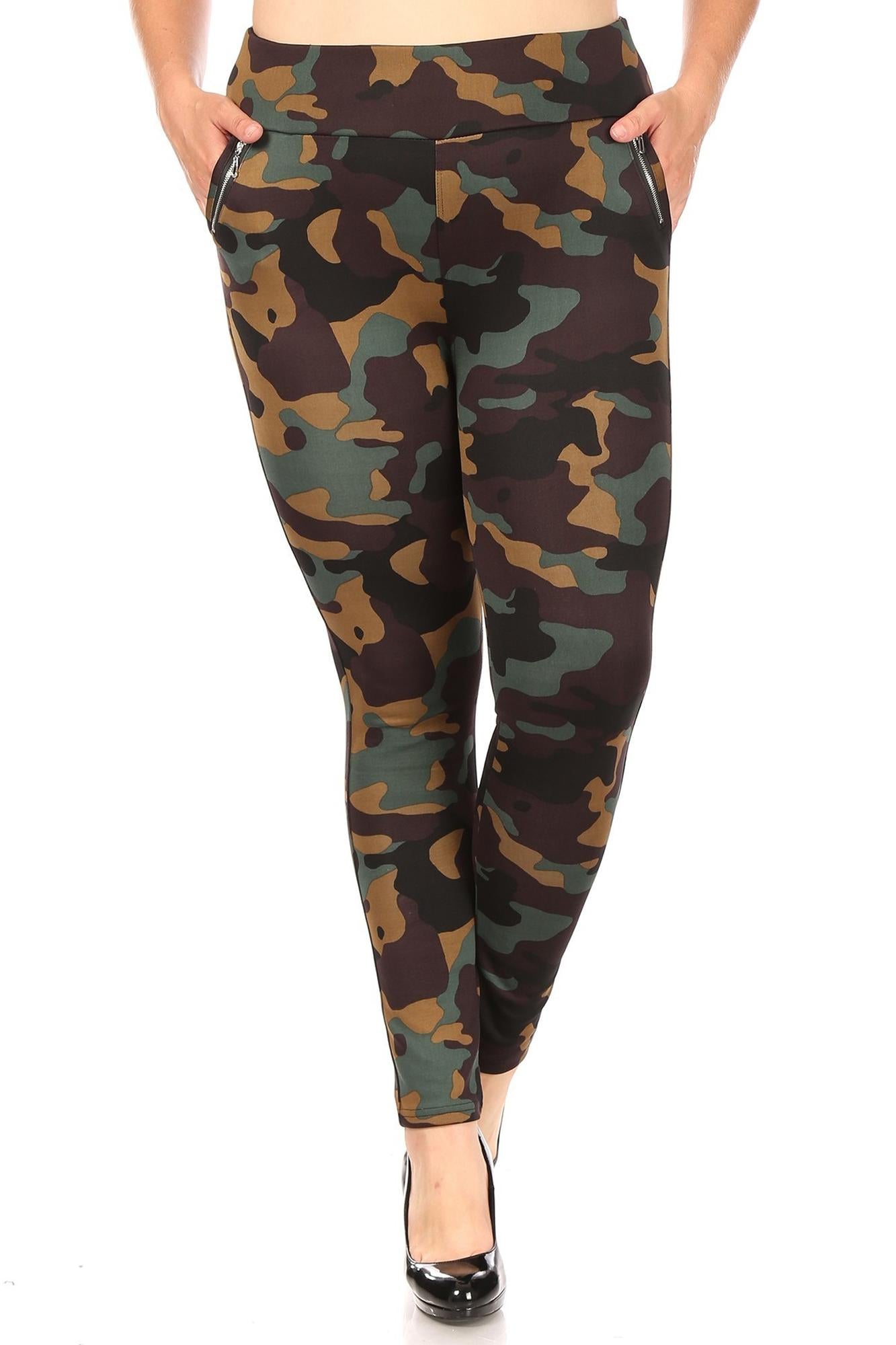 Wholesale Brown Camouflage High Waisted Plus Size Treggings with Zipper Accent Pockets