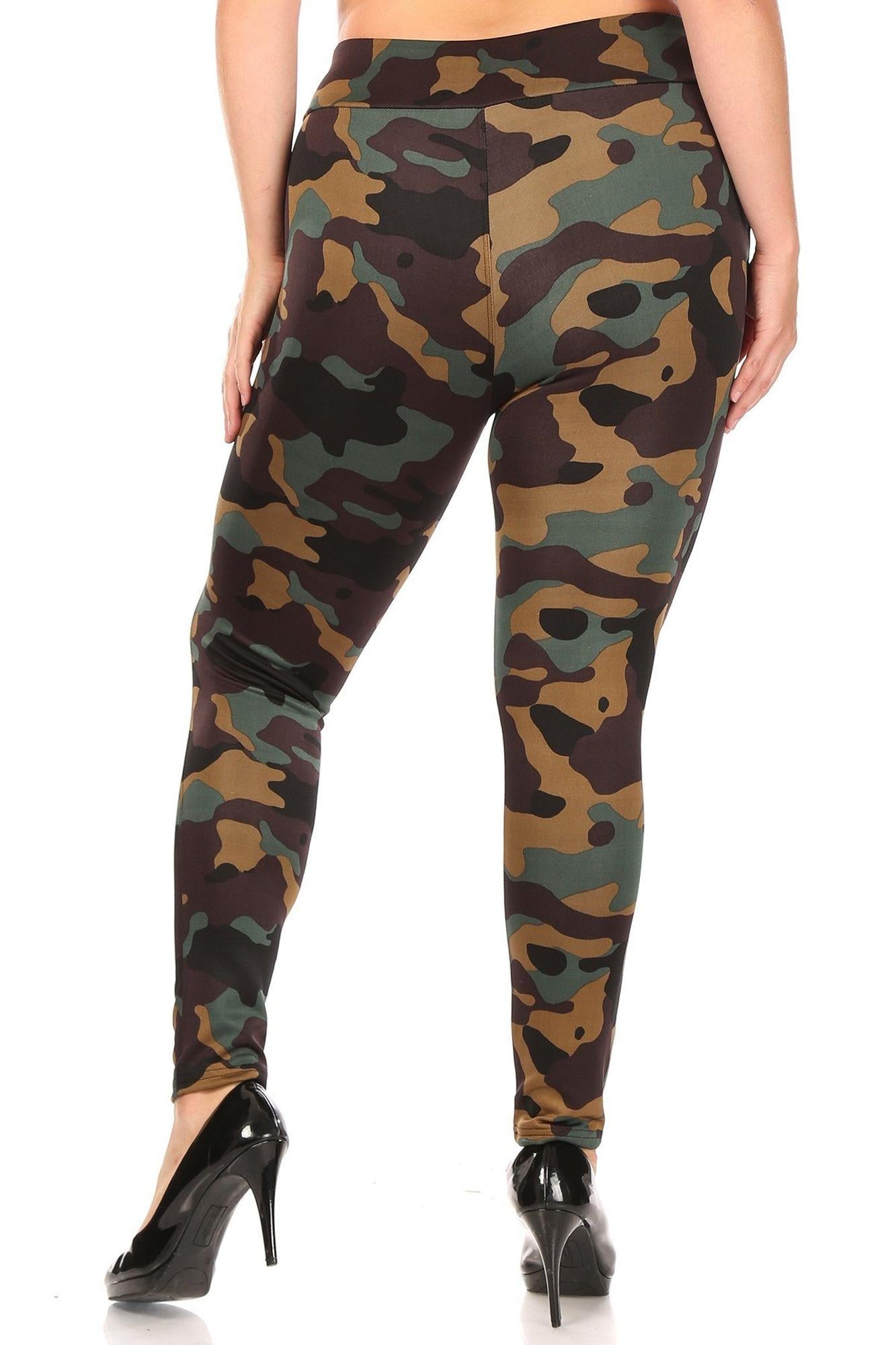 Wholesale Brown Camouflage High Waisted Plus Size Treggings with Zipper Accent Pockets