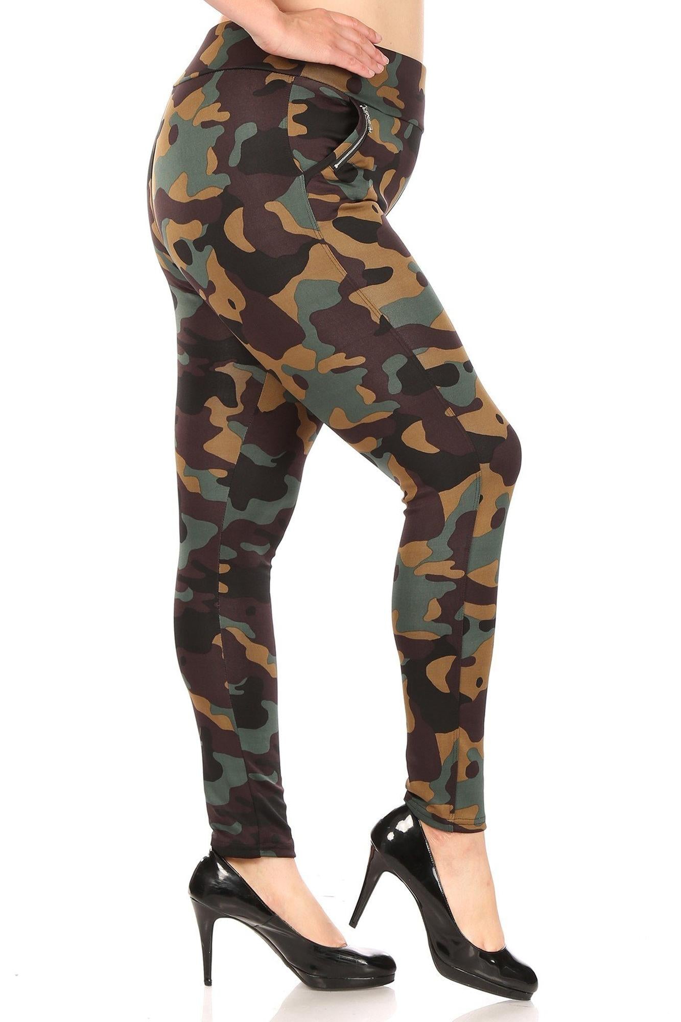 Wholesale Brown Camouflage High Waisted Plus Size Treggings with Zipper Accent Pockets