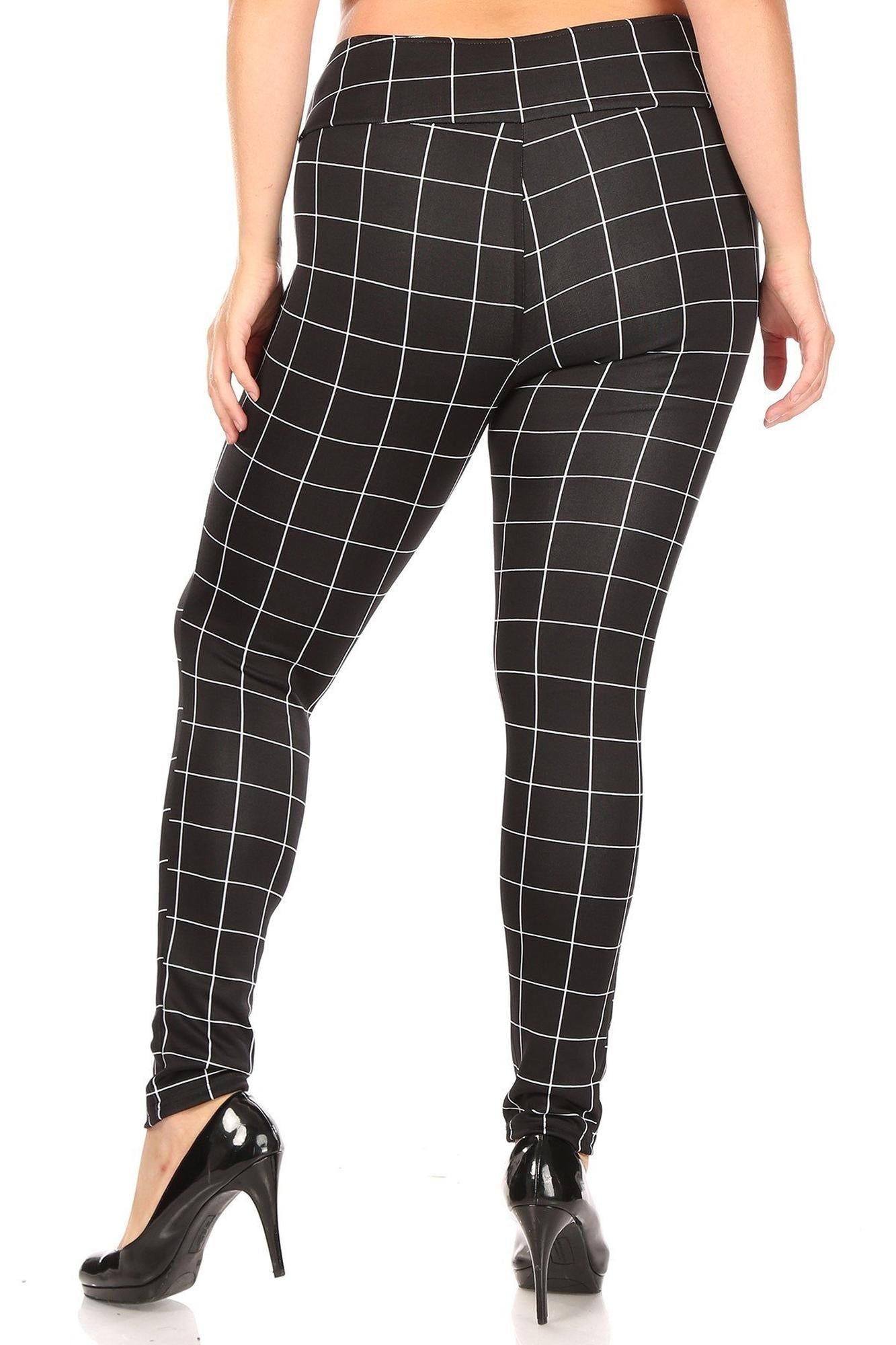 Wholesale High Waisted Grid Print Button Detail Plus Size Treggings with Pockets
