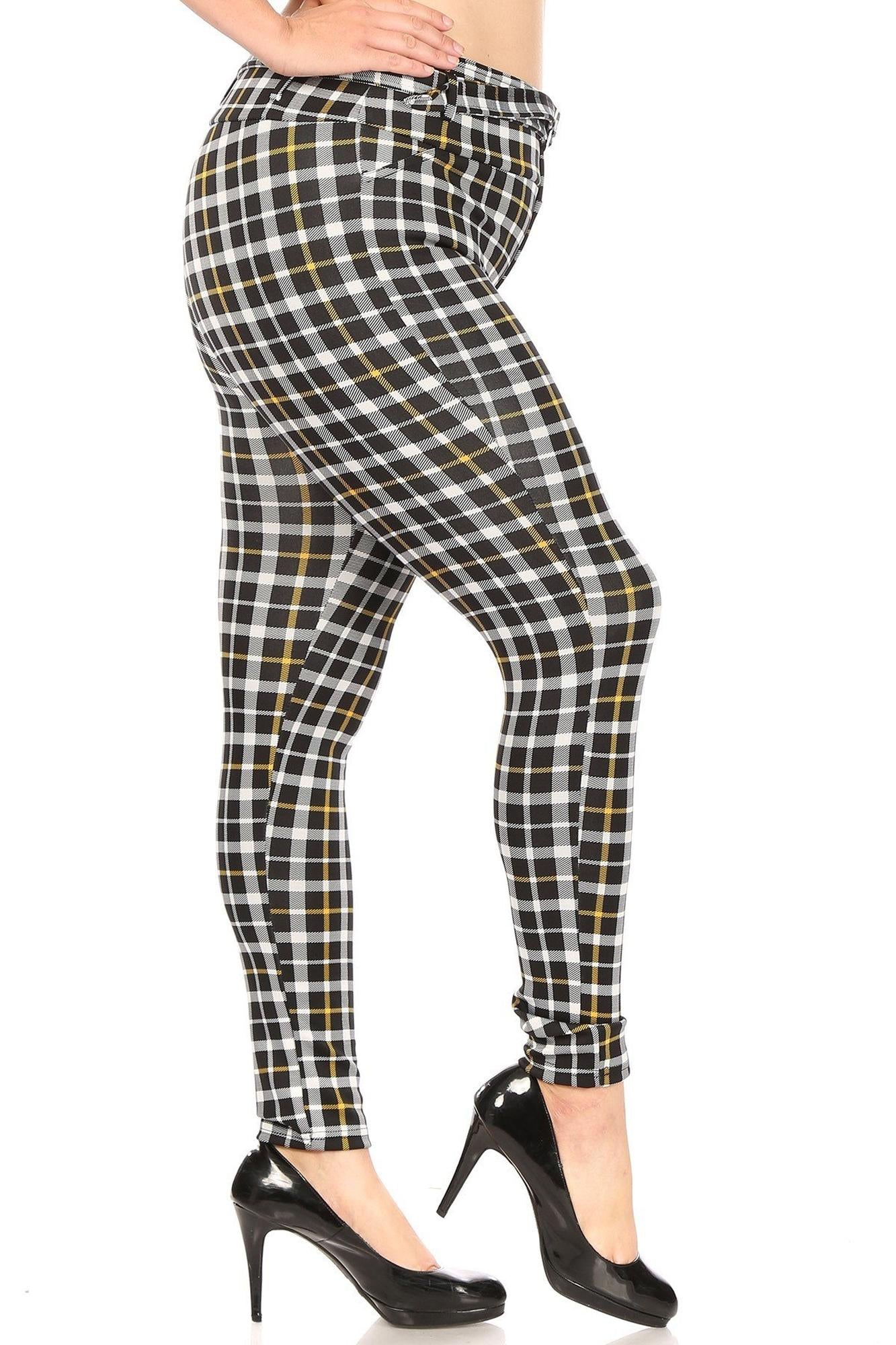 Wholesale Belted Mustard Accent Plaid Plus Size Treggings with Pockets