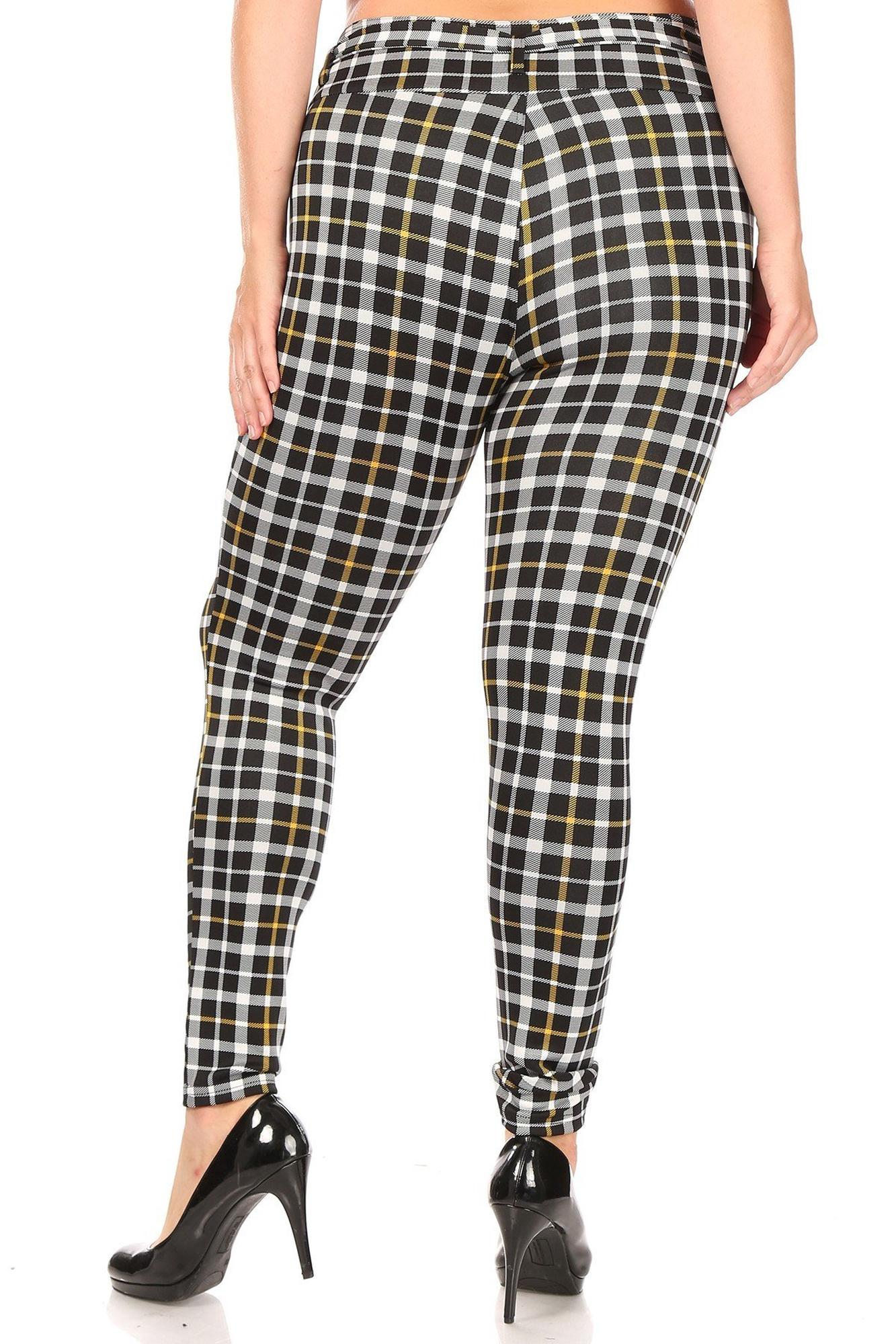 Wholesale Belted Mustard Accent Plaid Plus Size Treggings with Pockets