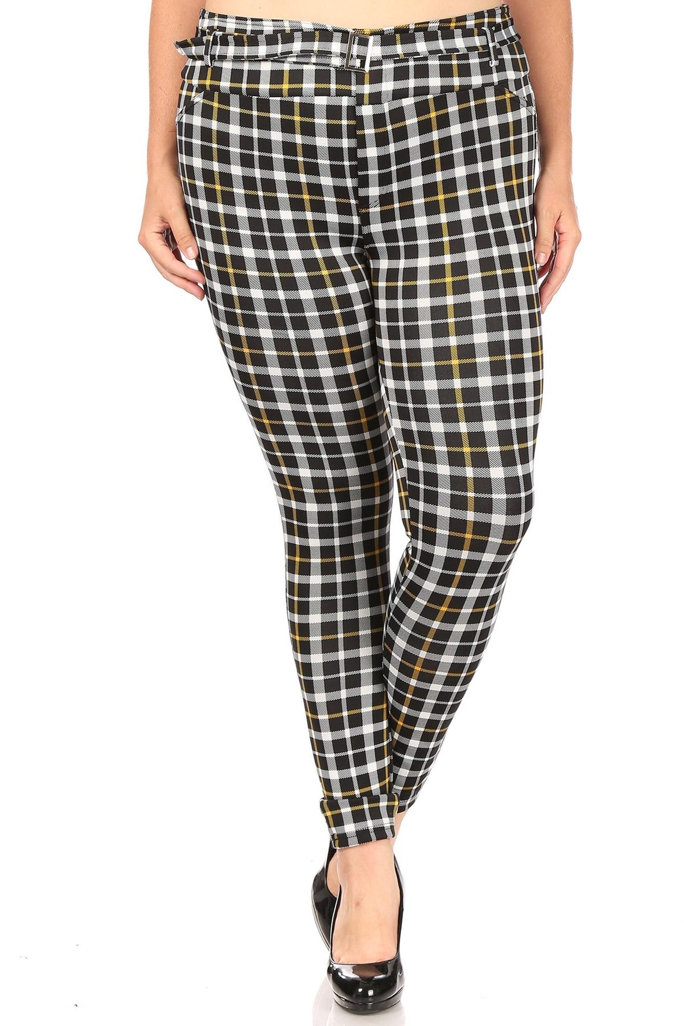 Wholesale Belted Mustard Accent Plaid Plus Size Treggings with Pockets