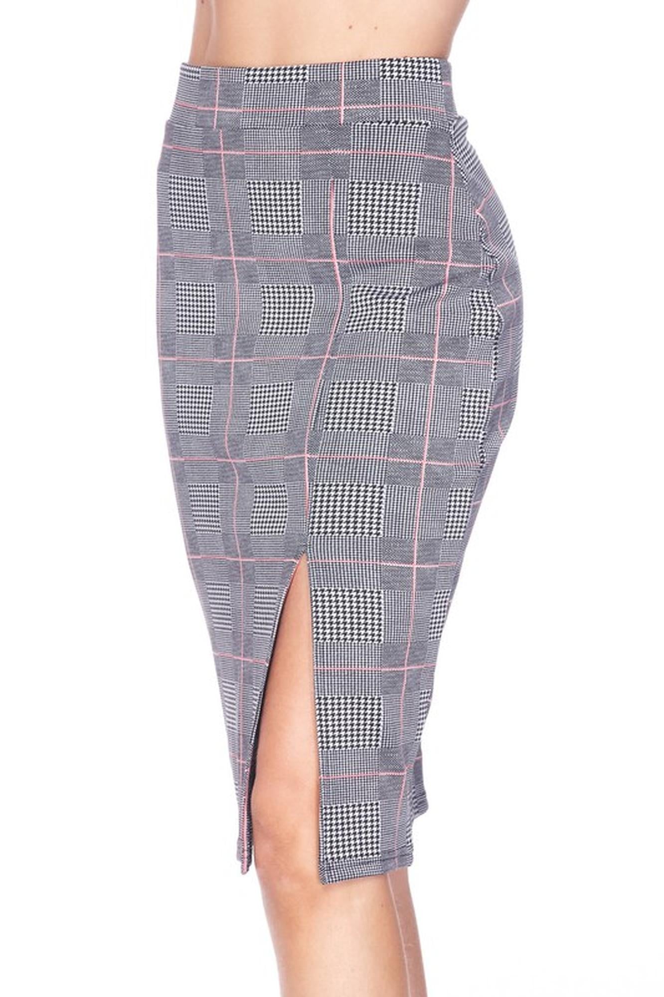 Wholesale Silky Soft Scuba Coral Glen Plaid Plus Size Pencil Skirt with Front Slit