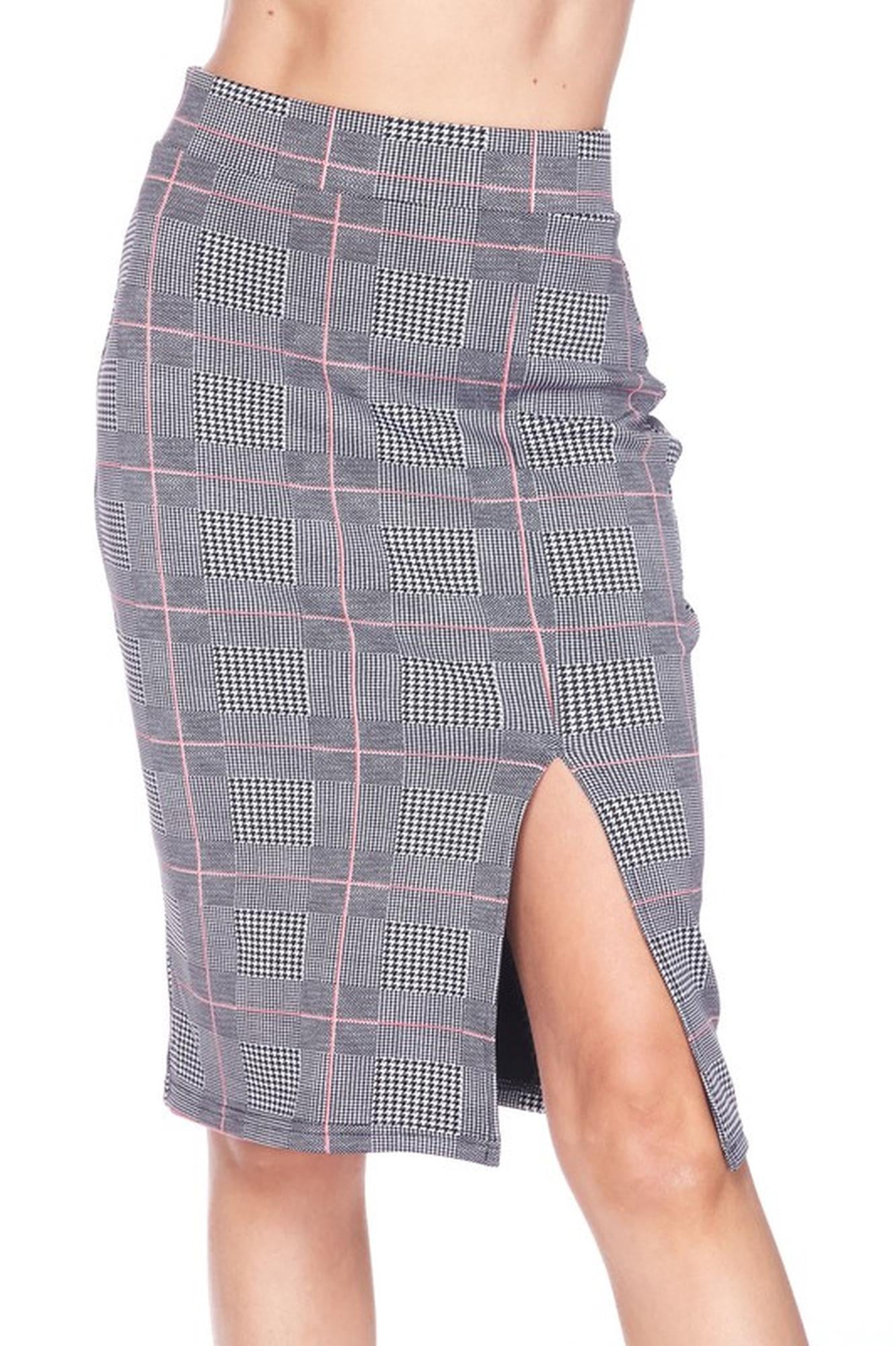 Wholesale Silky Soft Scuba Coral Glen Plaid Plus Size Pencil Skirt with Front Slit