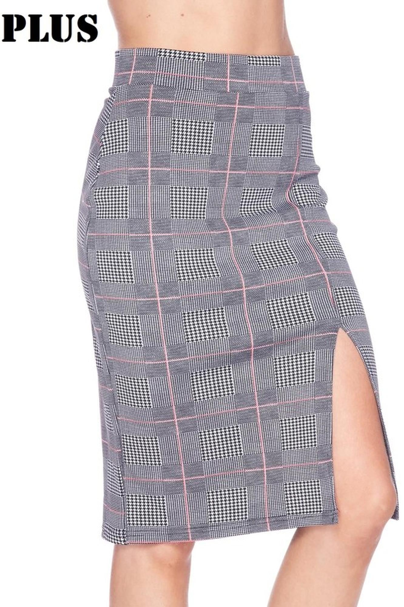 Wholesale Silky Soft Scuba Coral Glen Plaid Plus Size Pencil Skirt with Front Slit