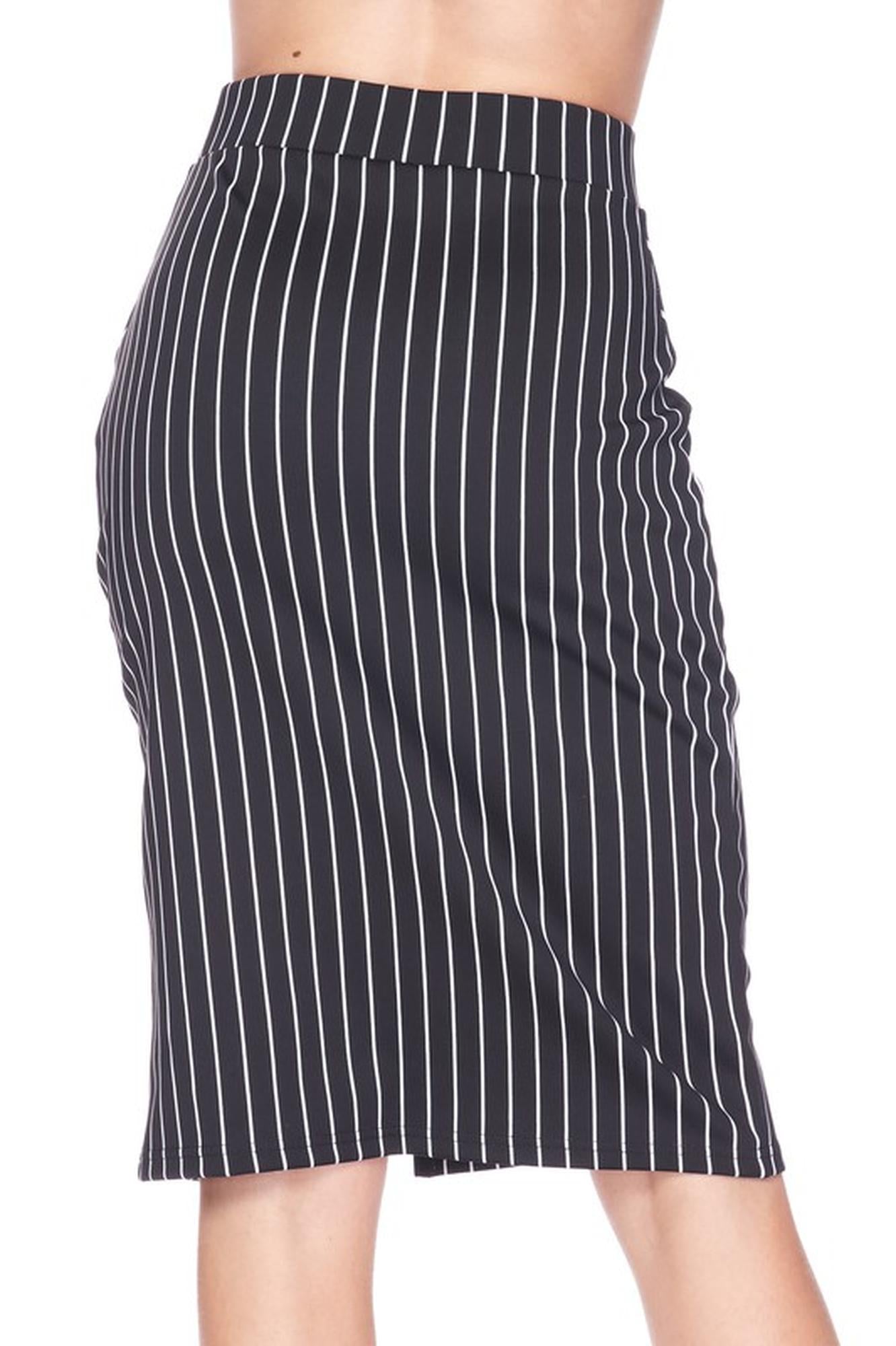 Wholesale Silky Soft Scuba Black and White Pinstripe Plus Size Pencil Skirt with Front Slit