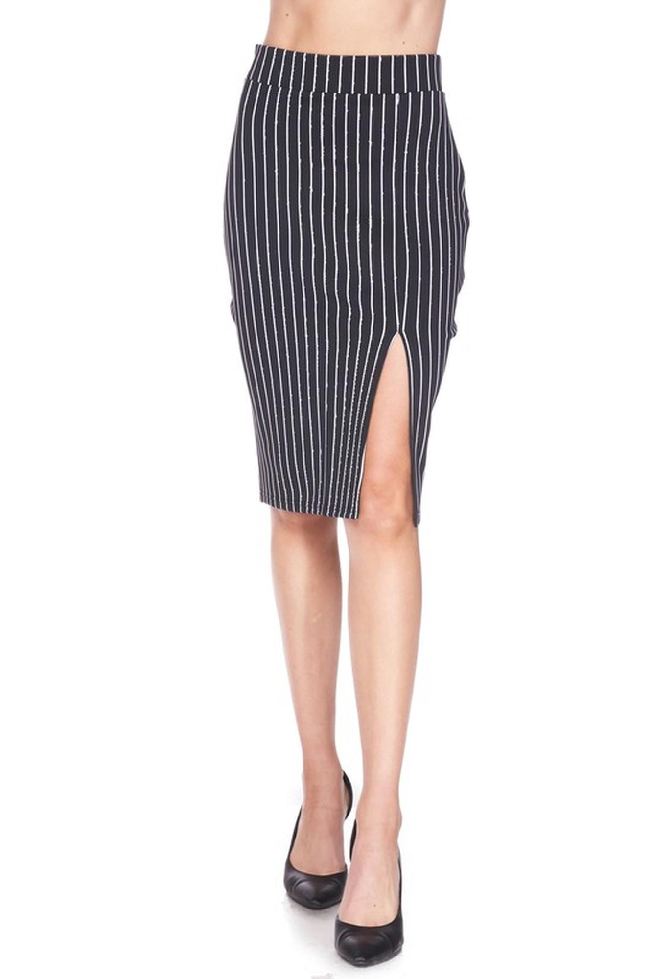 Wholesale Silky Soft Scuba Black and White Pinstripe Plus Size Pencil Skirt with Front Slit