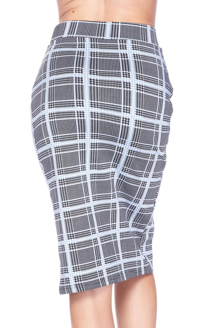 Wholesale Silky Soft Scuba Baby Blue Glen Plaid Plus Size Pencil Skirt with Front Slit