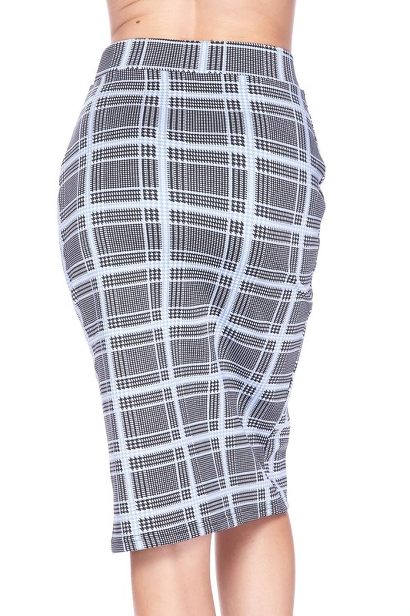 Wholesale Silky Soft Scuba Baby Blue Glen Plaid Plus Size Pencil Skirt with Front Slit