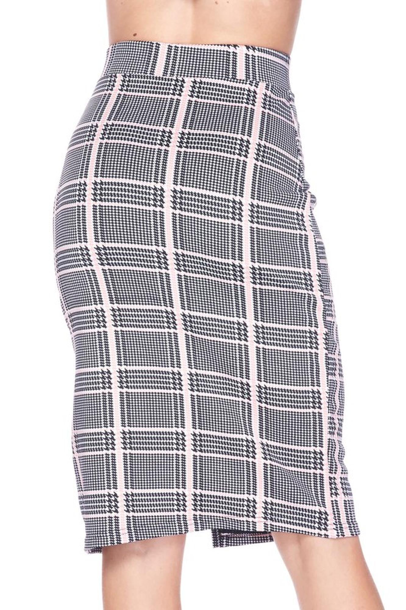 Wholesale Silky Soft Scuba Baby Pink Glen Plaid Plus Size Pencil Skirt with Front Slit